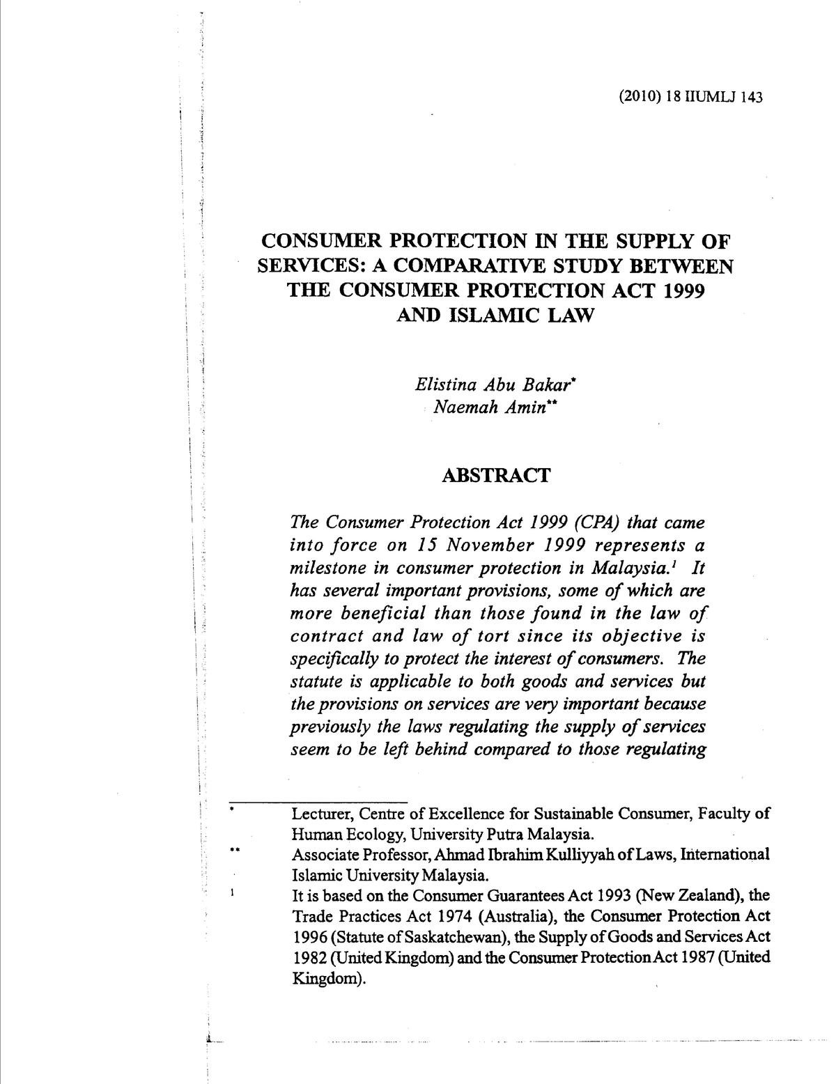 Article 5 Consumer Protection In The Supply Of Services 2010 18 Iiumlj 143 Studocu