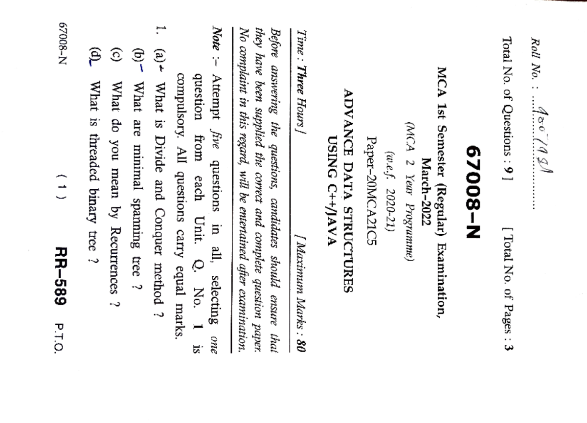 Advance data structure with c++ 2022 - Roll No. 4 JN Total No. of ...