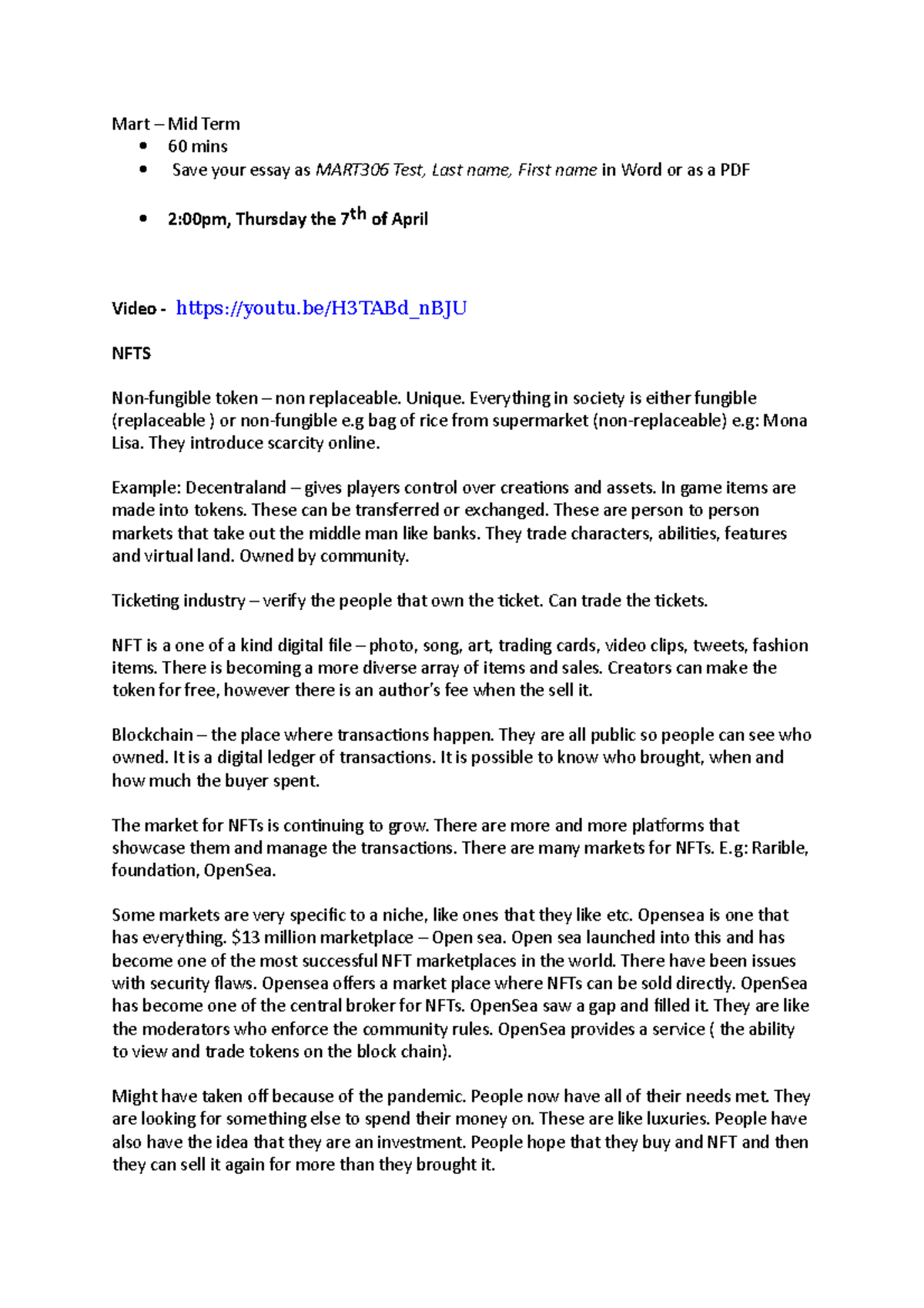 Marketing 306 Mid Term notes - Mart – Mid Term 60 mins Save your essay ...