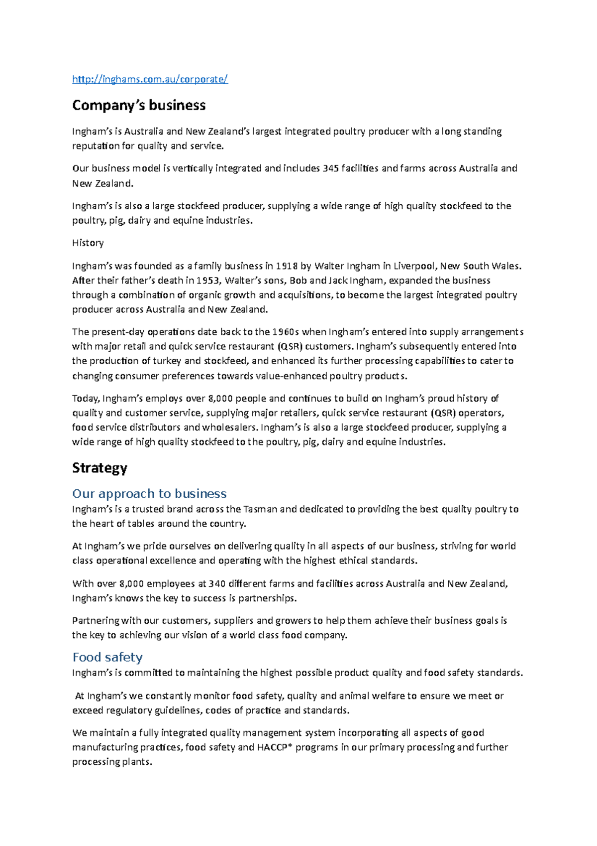 Company Brief Law Company’s business Ingham’s is Australia and New