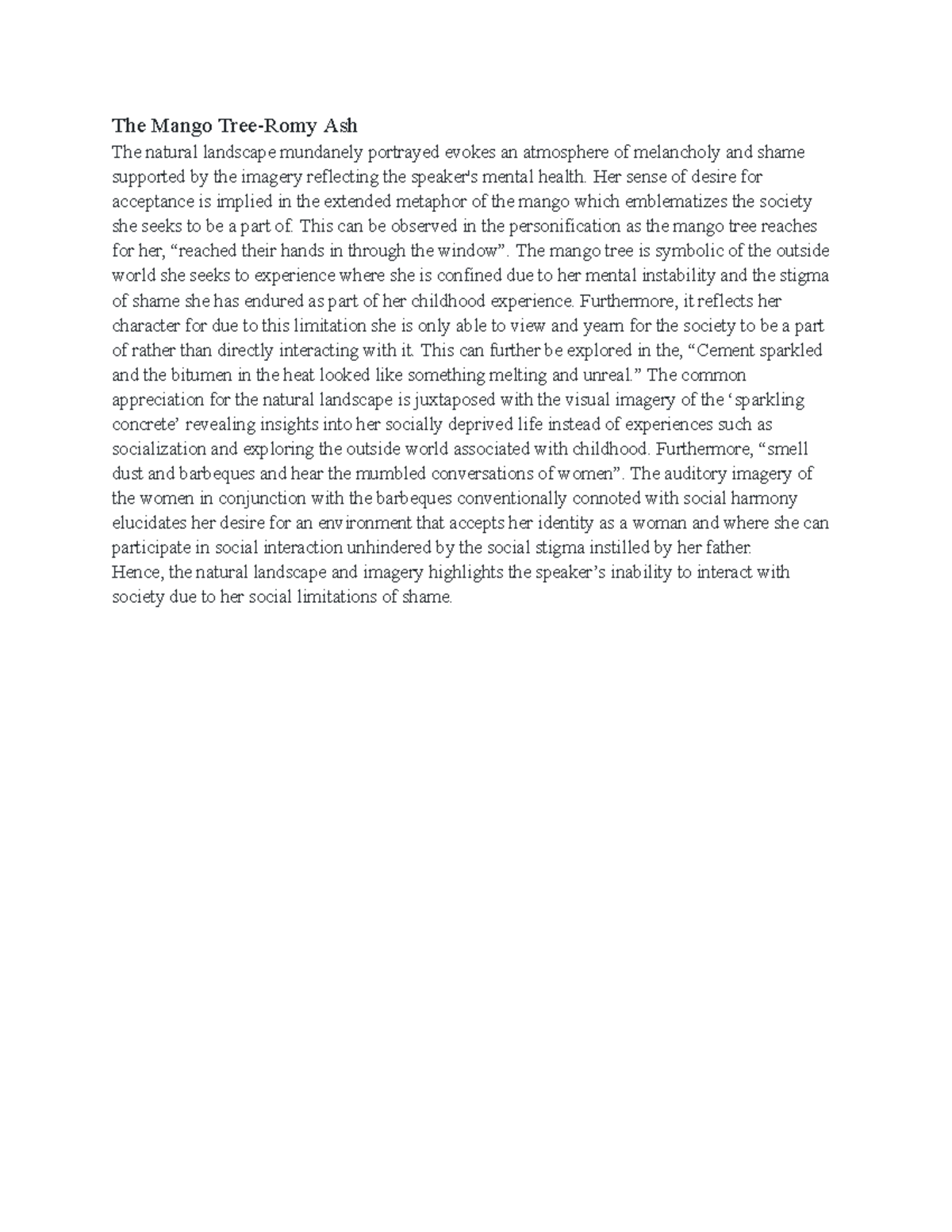 The Mango Tree analysis The Mango TreeRomy Ash The natural landscape