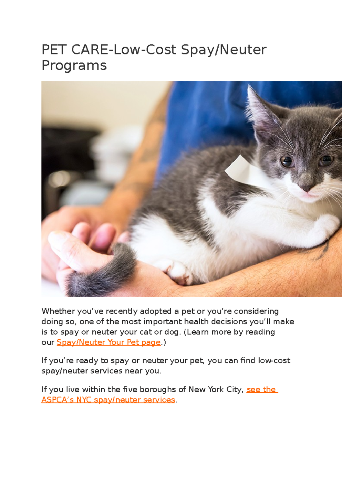 PET CAR1 Pet care details PET CARELowCost Spay/Neuter Programs