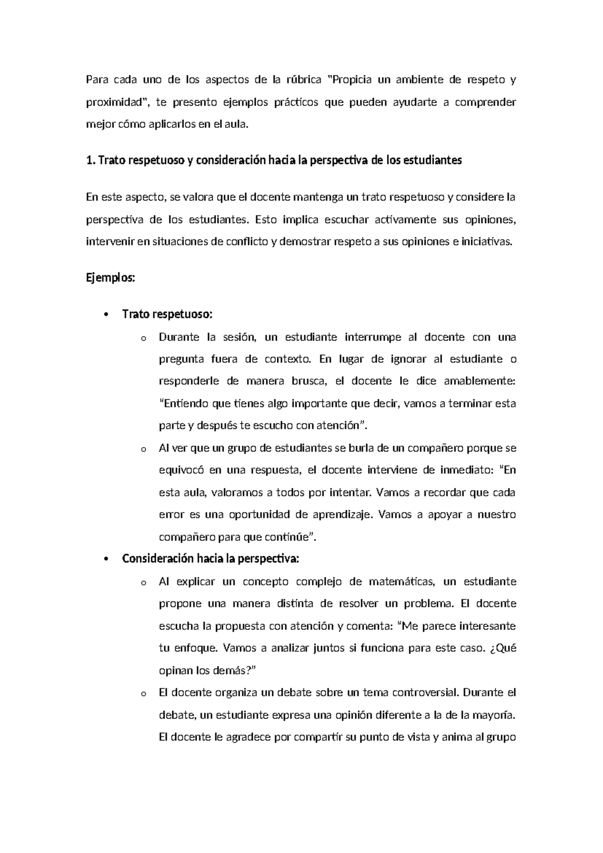 Ejemplos Propicia Un Ambiente De Respeto Y Proximidad Para Cada Uno De Los Aspectos De La