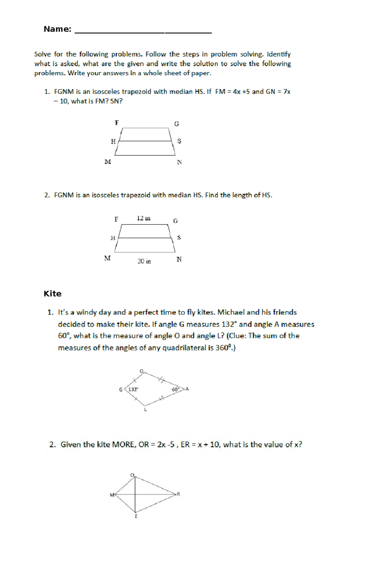 Trapezoid and kite quiz - Name: Solve for the following problems ...