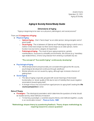 Aging & Society Notes Study Guide 2 - Anahni Harris October 21, 2021 ...