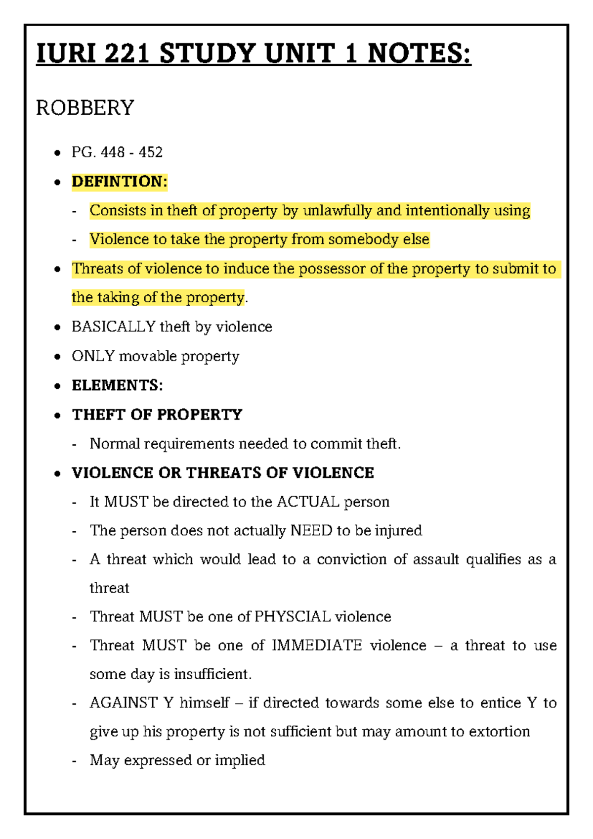 IURI 221 SU1 Robbery Notes - IURI 221 STUDY UNIT 1 NOTES: ROBBERY • PG ...