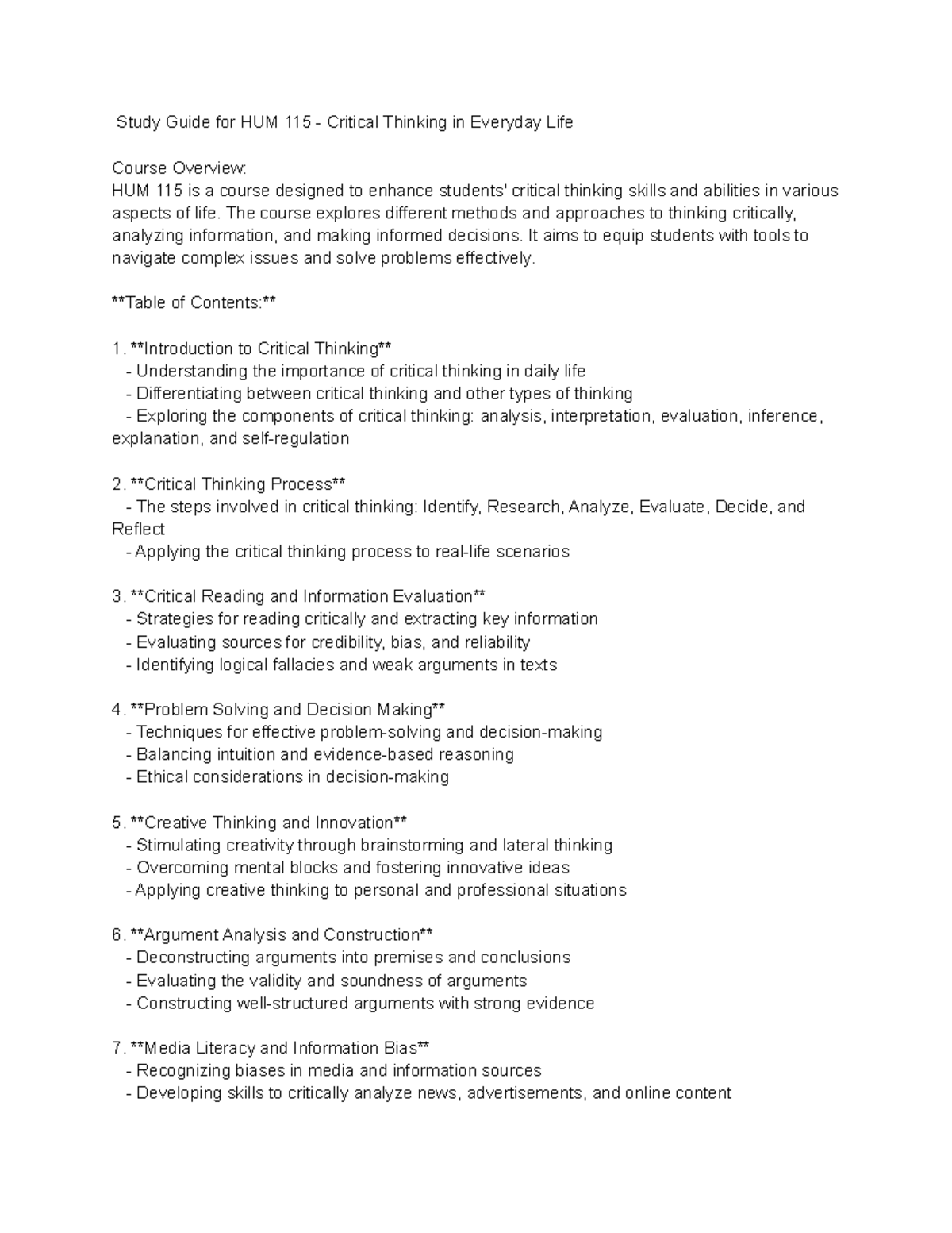 Study Guide For HUM 115 - Critical Thinking In Everyday Life - The ...