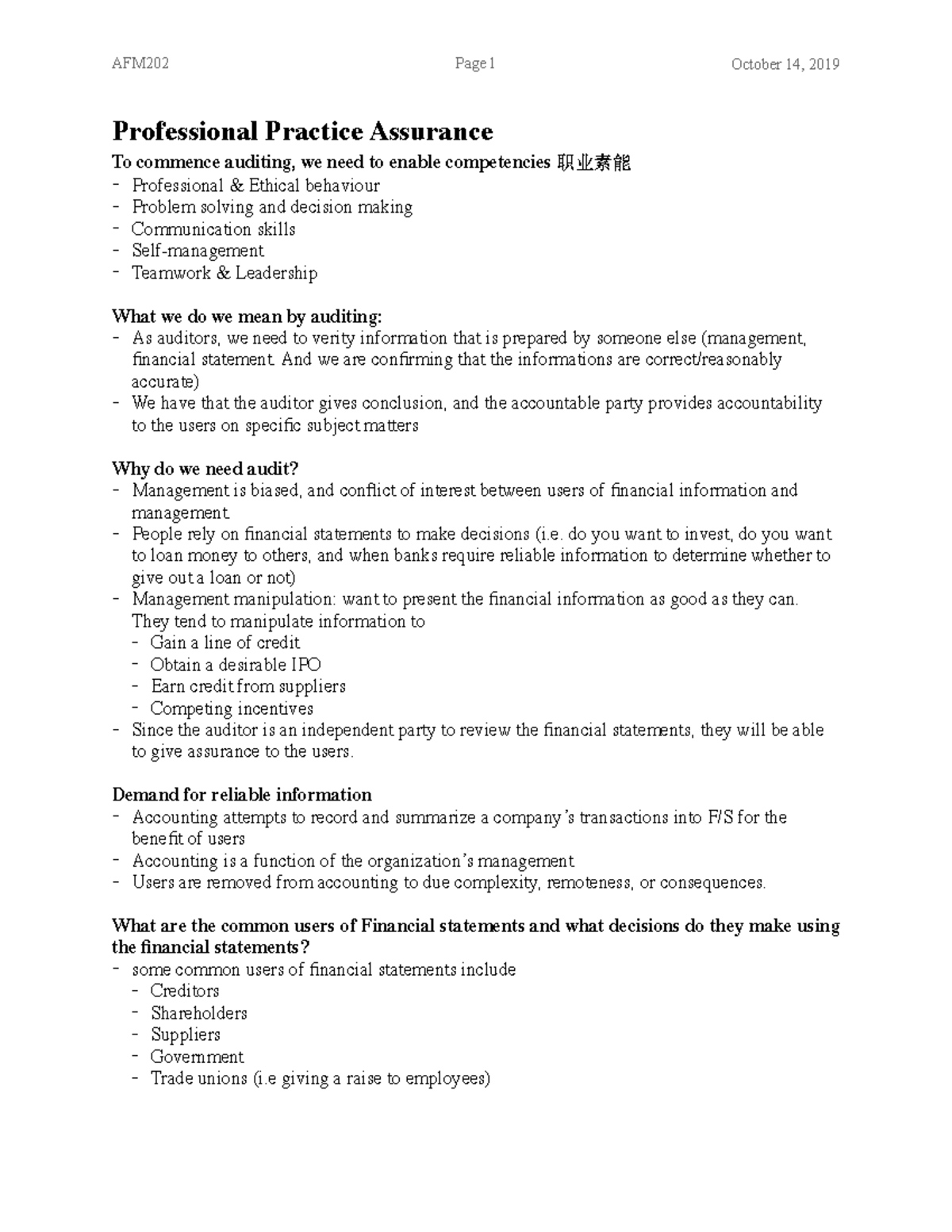 Assurance Final - Professional Practice Assurance To commence auditing ...