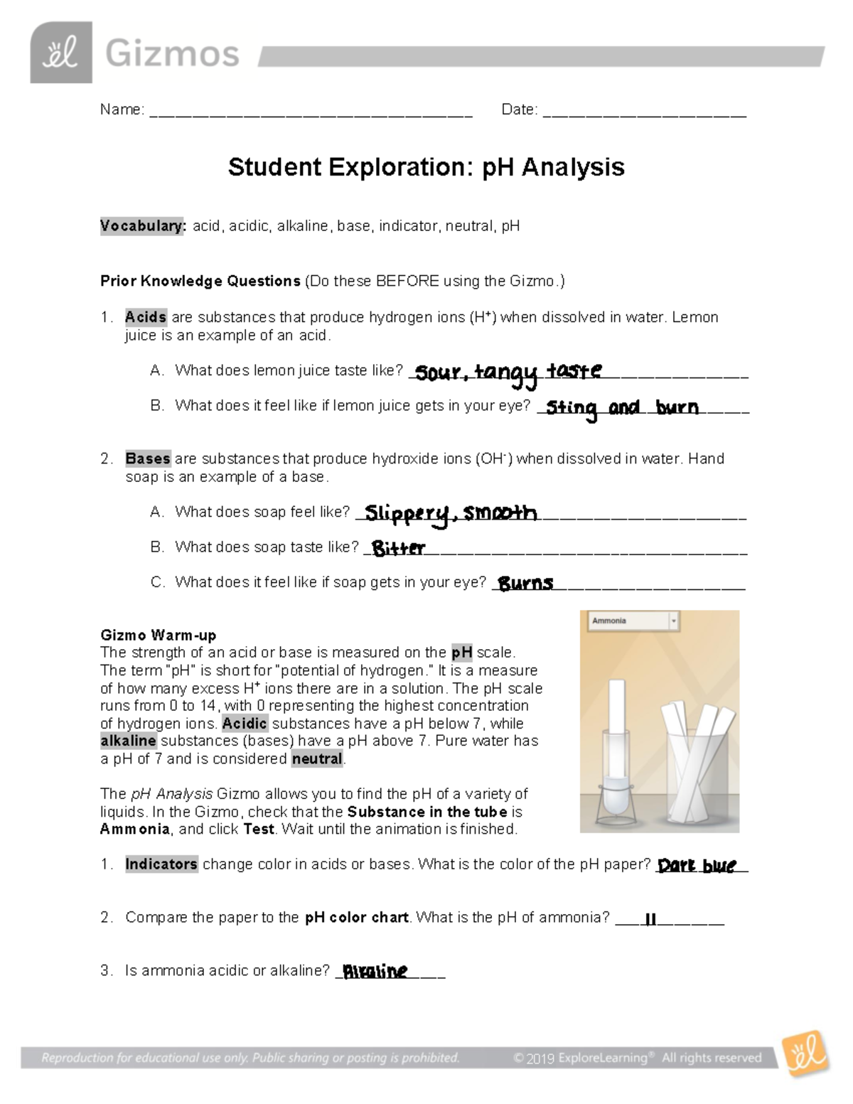 PH Analysis in chemistry 2 Lab Gizmo Answers 2019 Name