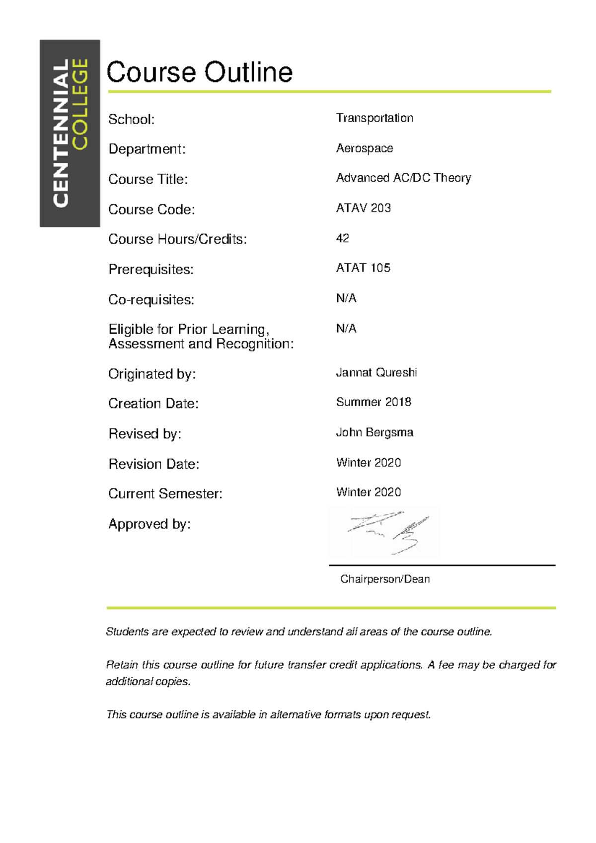 ATAV 203 COCO Course Outline - Course Outline Chairperson/Dean Students ...