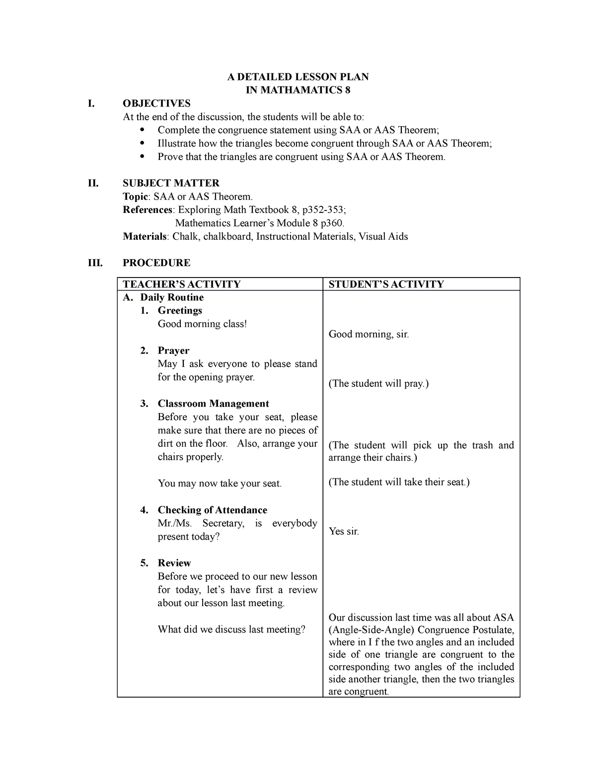 AAS (Angle-Angel-Side) Theorem - A DETAILED LESSON PLAN IN MATHAMATICS ...