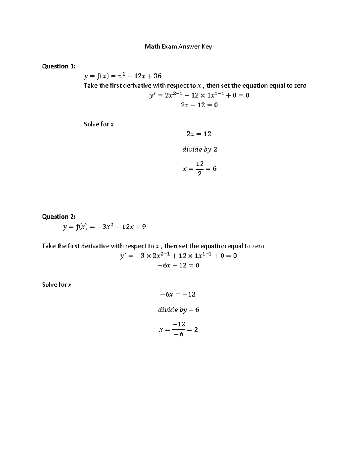 Math Exam Answer Key - exam - Math Exam Answer Key Question 1: 𝑦 = ƒ(𝑥 ...