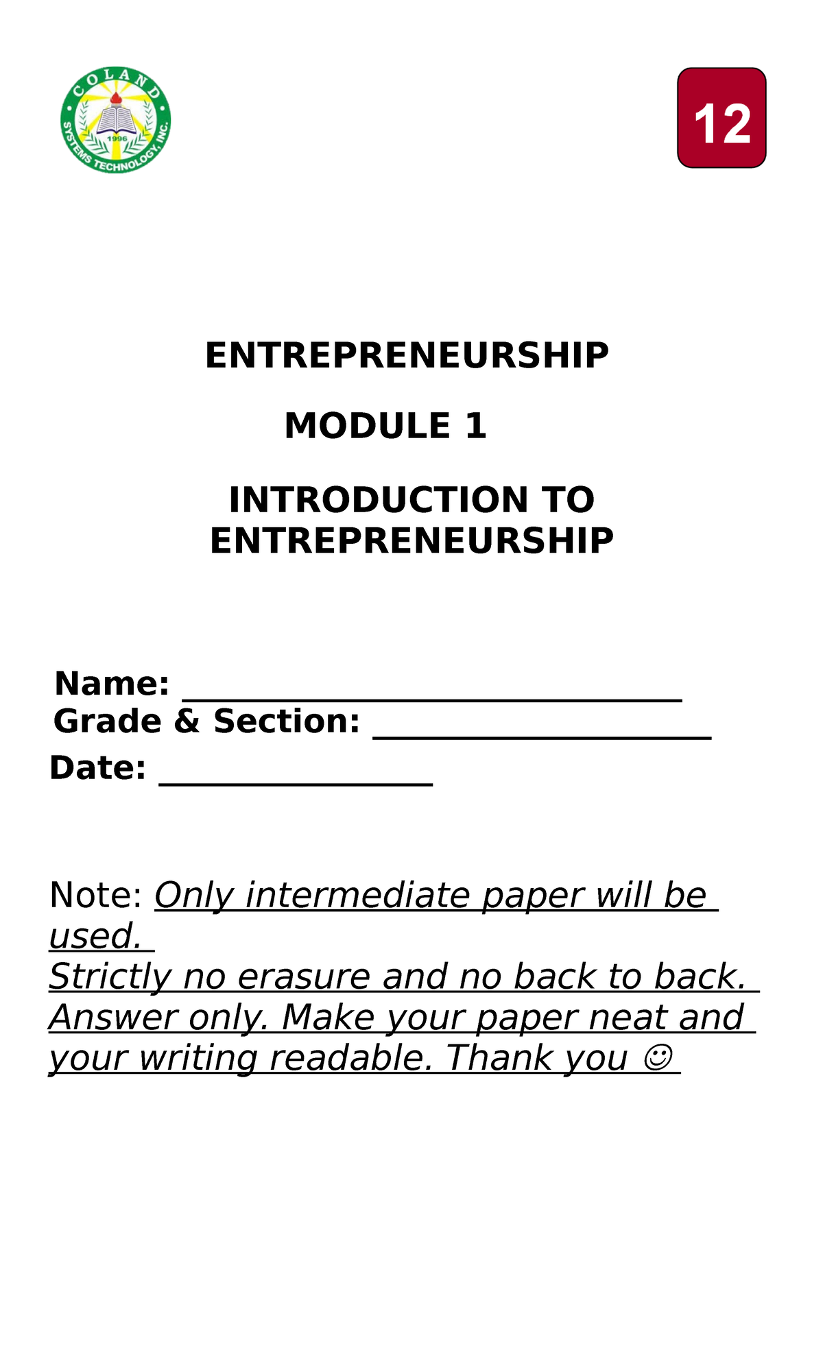 Entrep-Q1-M1 - Entrepreneurship - ENTREPRENEURSHIP MODULE 1 ...