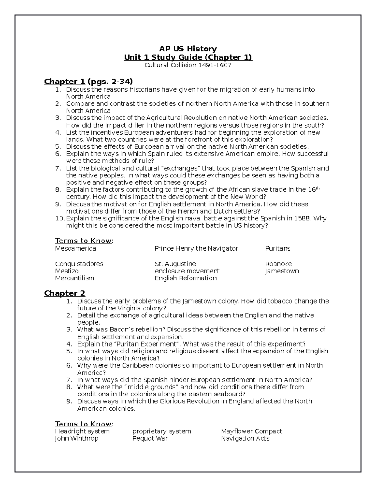 Unit 1 study guide notes AP US History Unit 1 Study Guide (Chapter