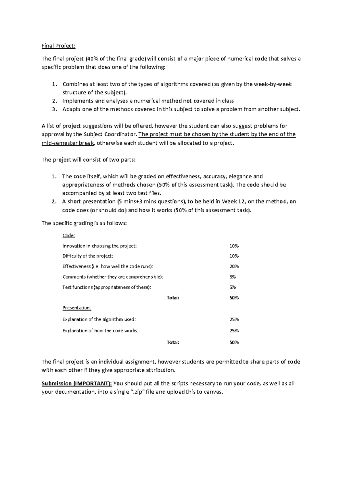 Final Projects 2024-2 - Overview - Final Project: The final project (40 ...