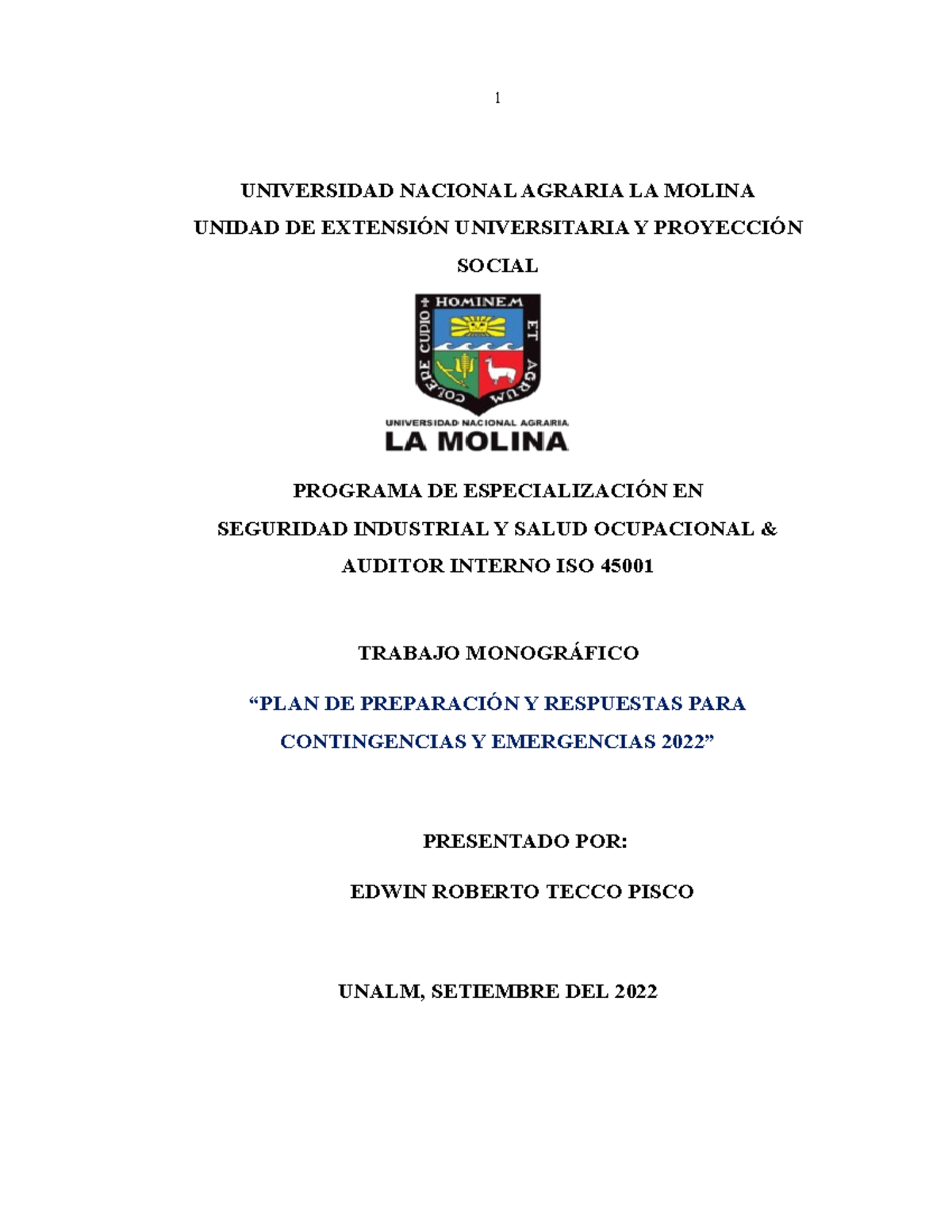 Monografía - PLAN DE Preparación Y Respuesta - UNIVERSIDAD NACIONAL ...