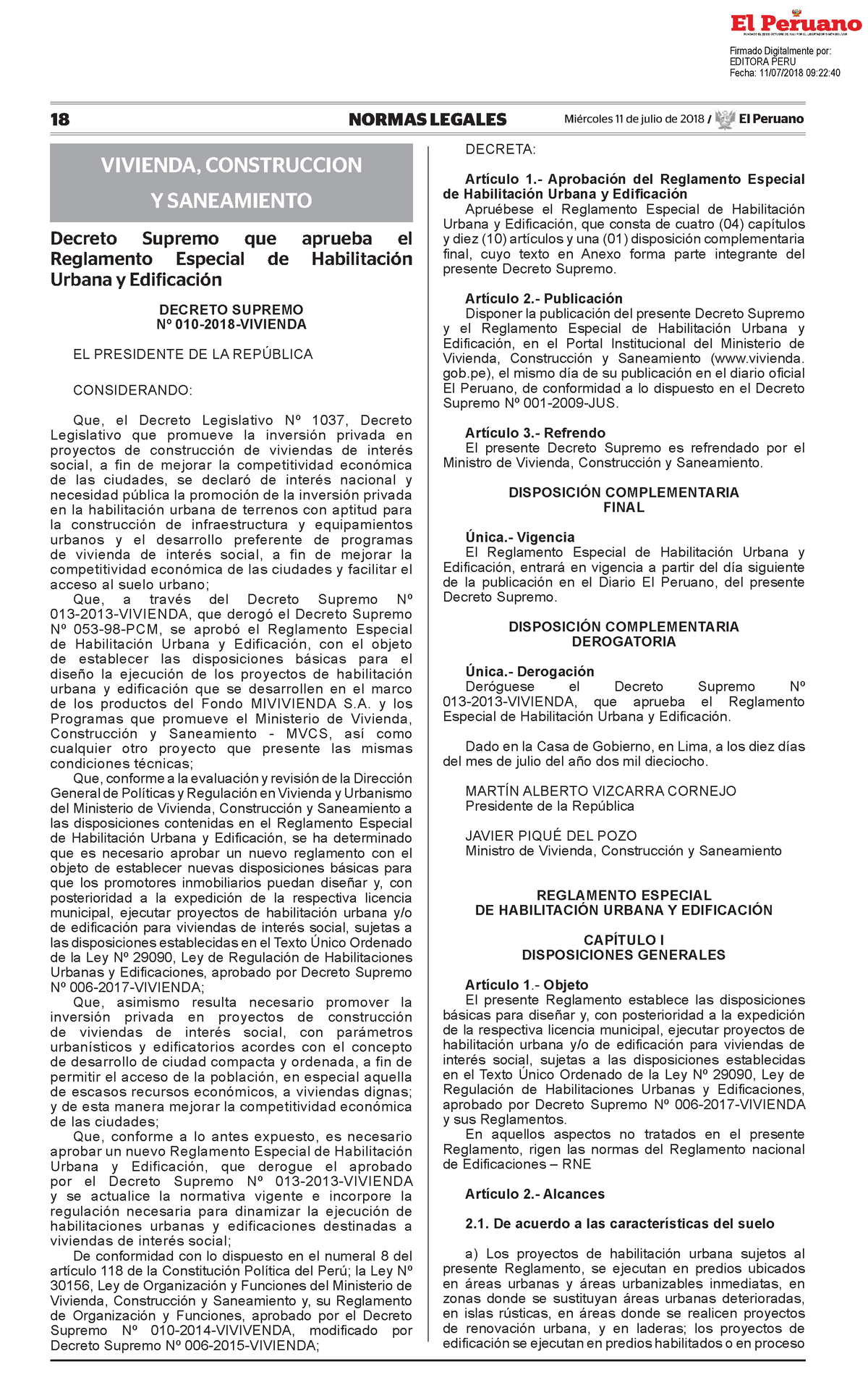 Decreto Supremo Que Aprueba El Reglamento Especial De Habili Decreto Supremo N 010 2018 Vivienda 9225