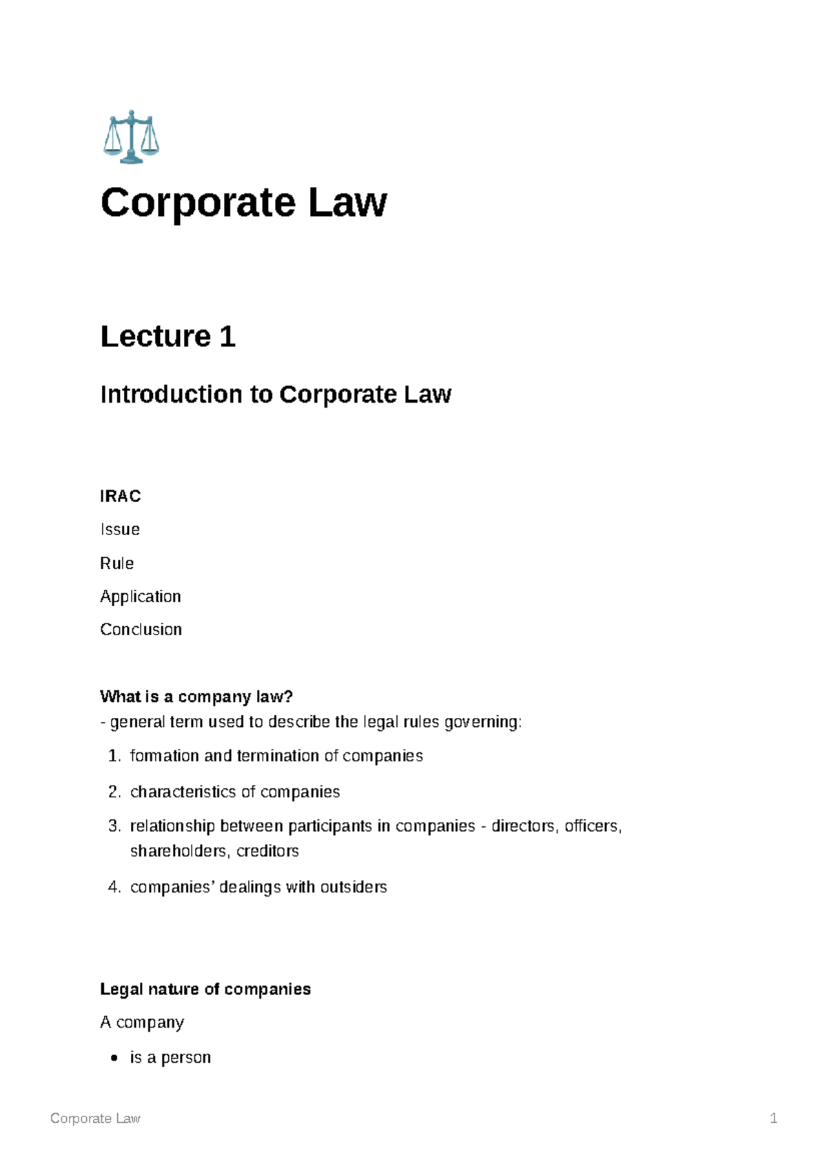 Clnotes 1 - notes 1-12 - ⚖ Corporate Law Lecture 1 Introduction to ...