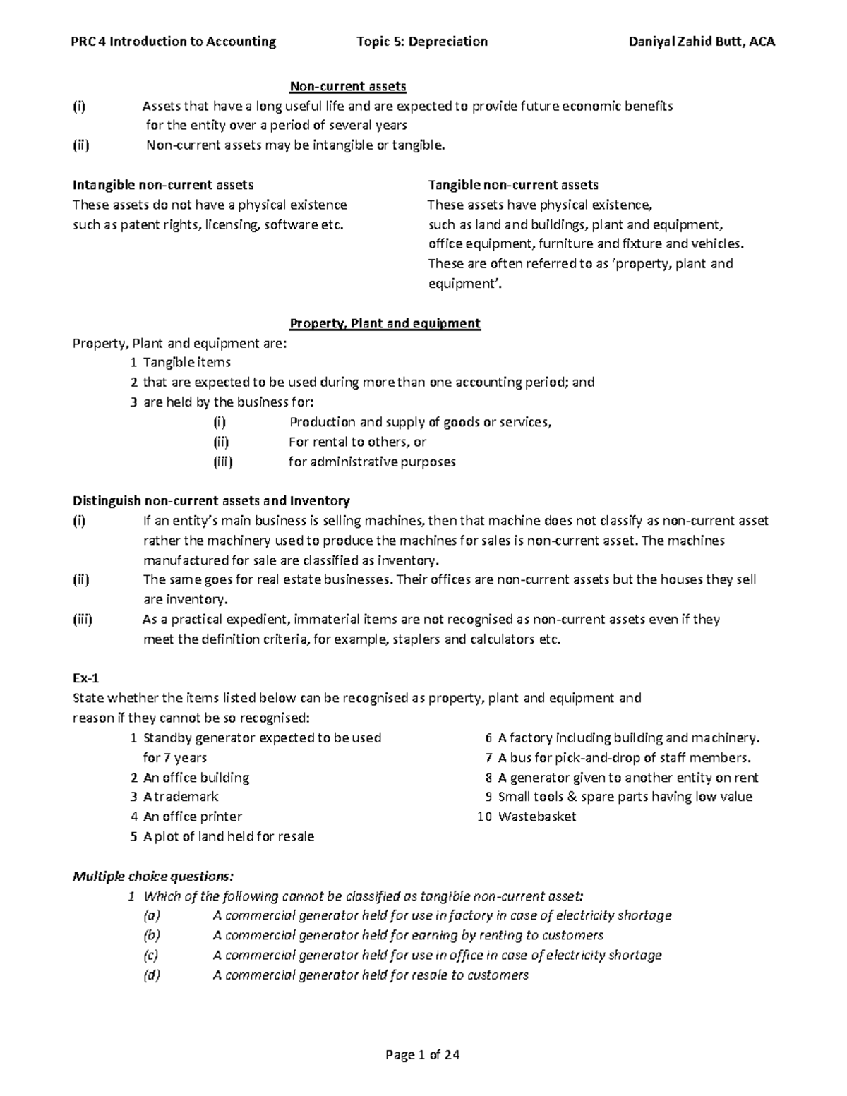 Topic 5 Depreciation - notes - Non-current assets (i) Assets that have ...