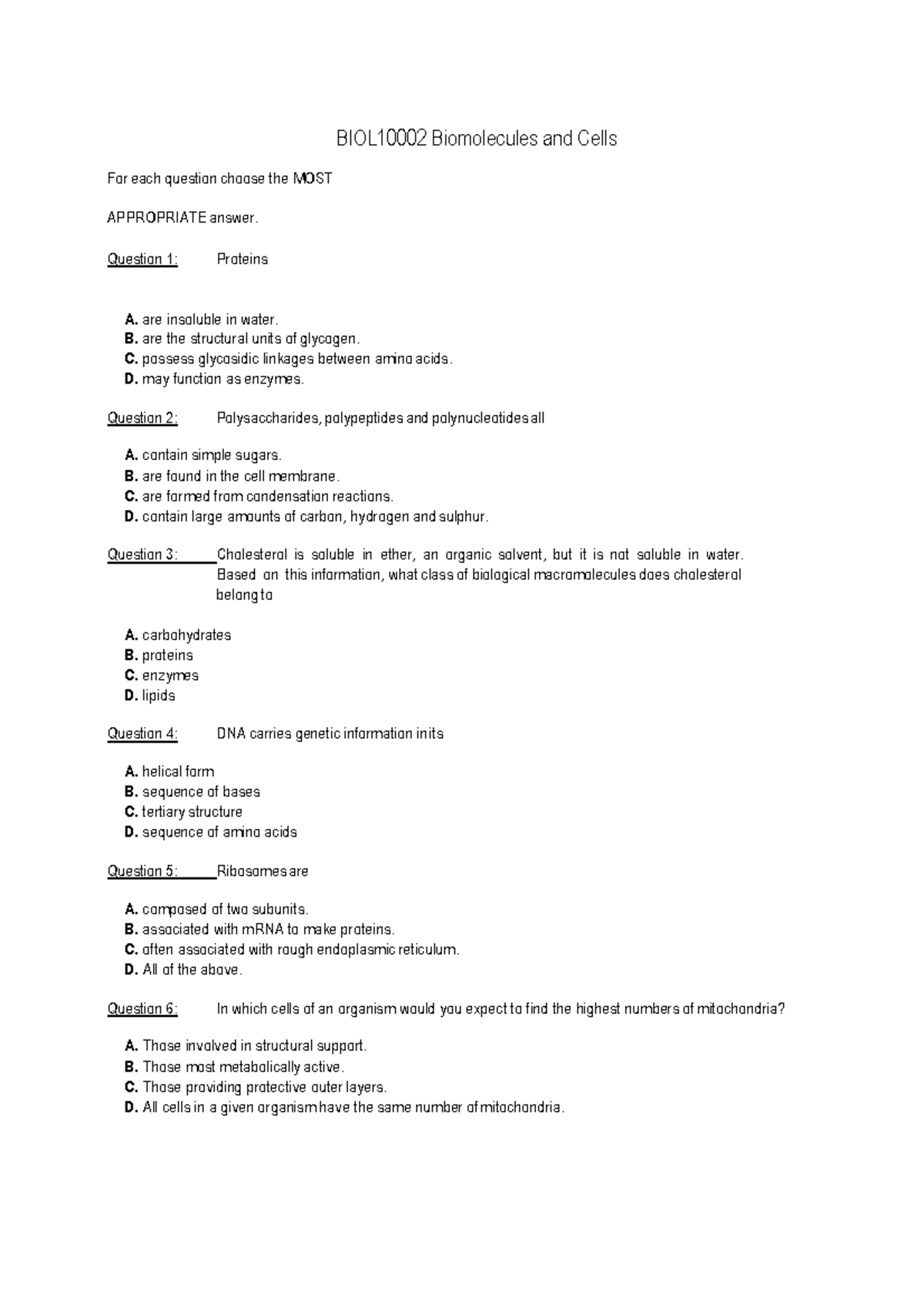 BIOL10002 Practice MST - BIOL10002 Biomolecules And Cells For Each ...