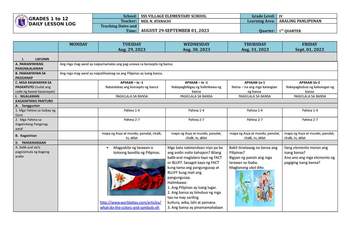 DLL Araling Panlipunan 4 Q1 W1 2023-2024 - GRADES 1 To 12 DAILY LESSON ...