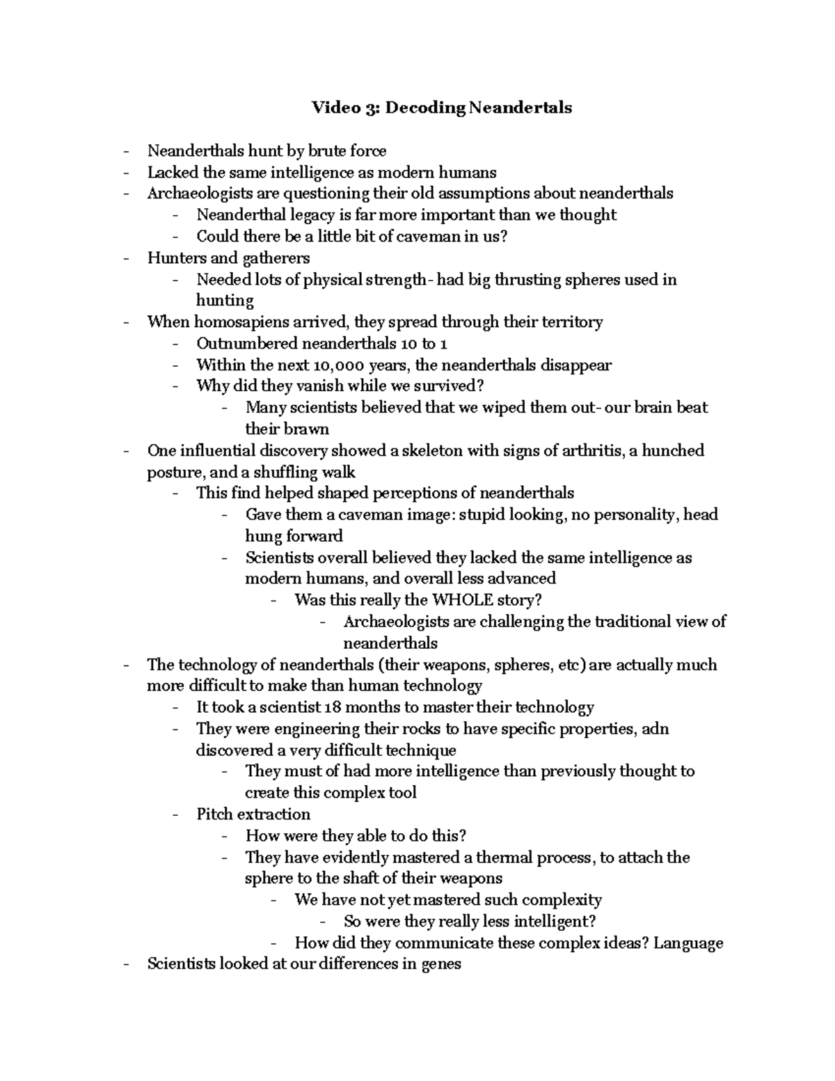 Video Response 3 Notes - Video 3: Decoding Neandertals Neanderthals ...