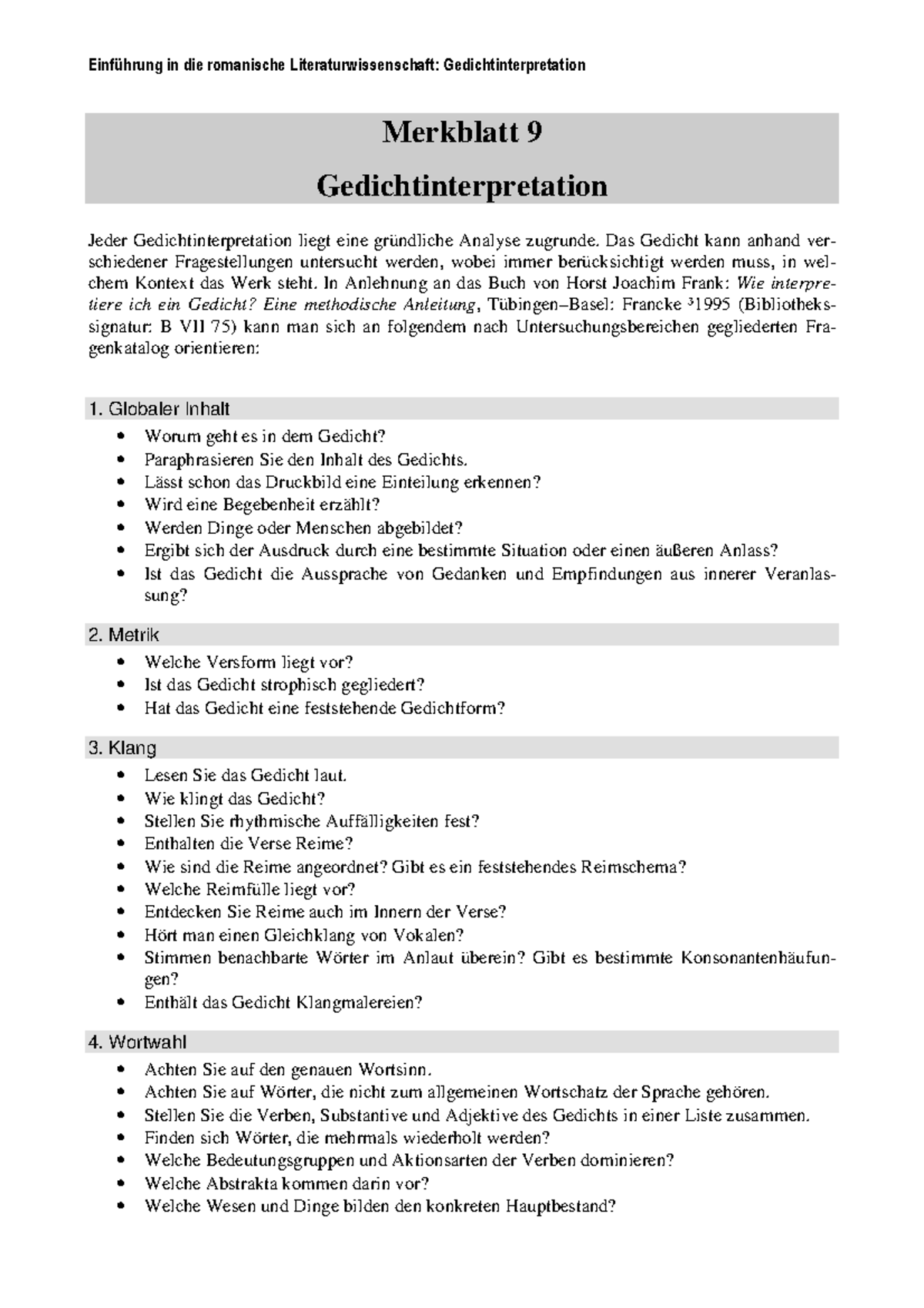 Gedichtinterpretation Klasse 9 Klassenarbeit Pdf Merkblatt 9 Gedichtinterpretation - Einführung in die romanische