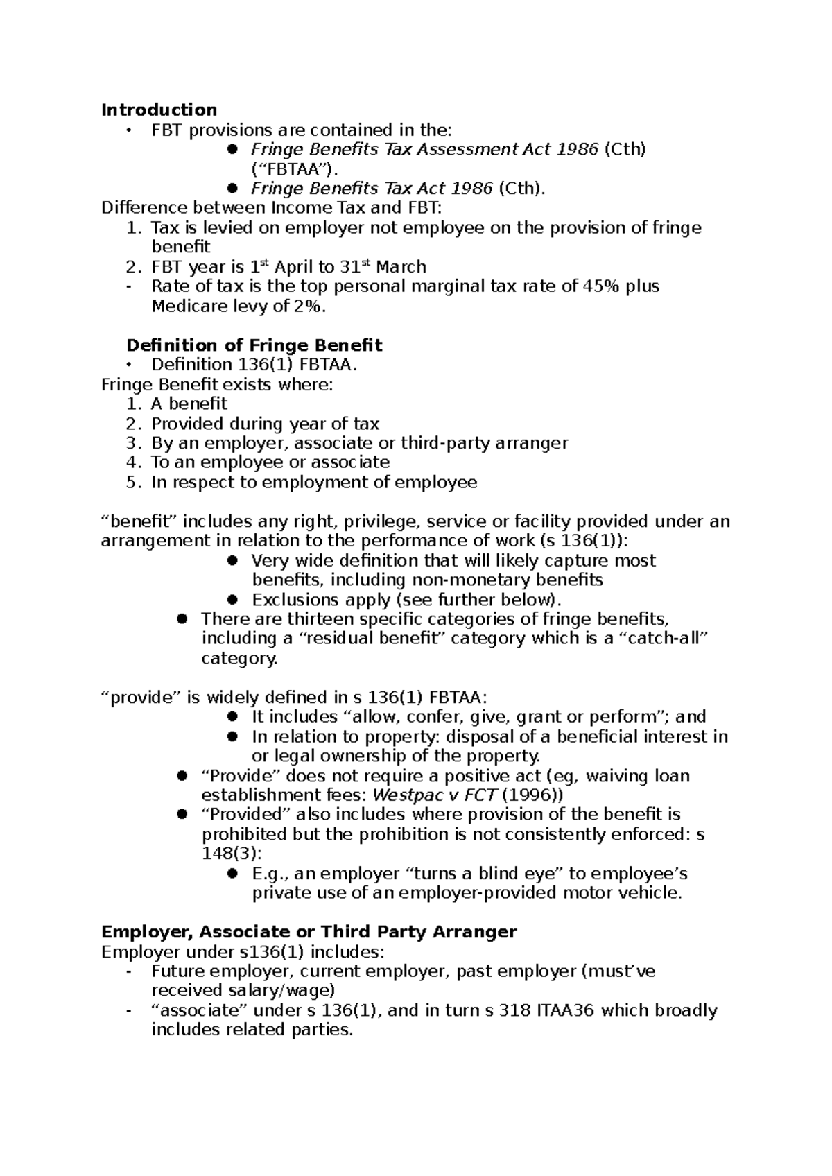 Introduction - Week 3 Notes Summarised - Introduction - FBT provisions ...