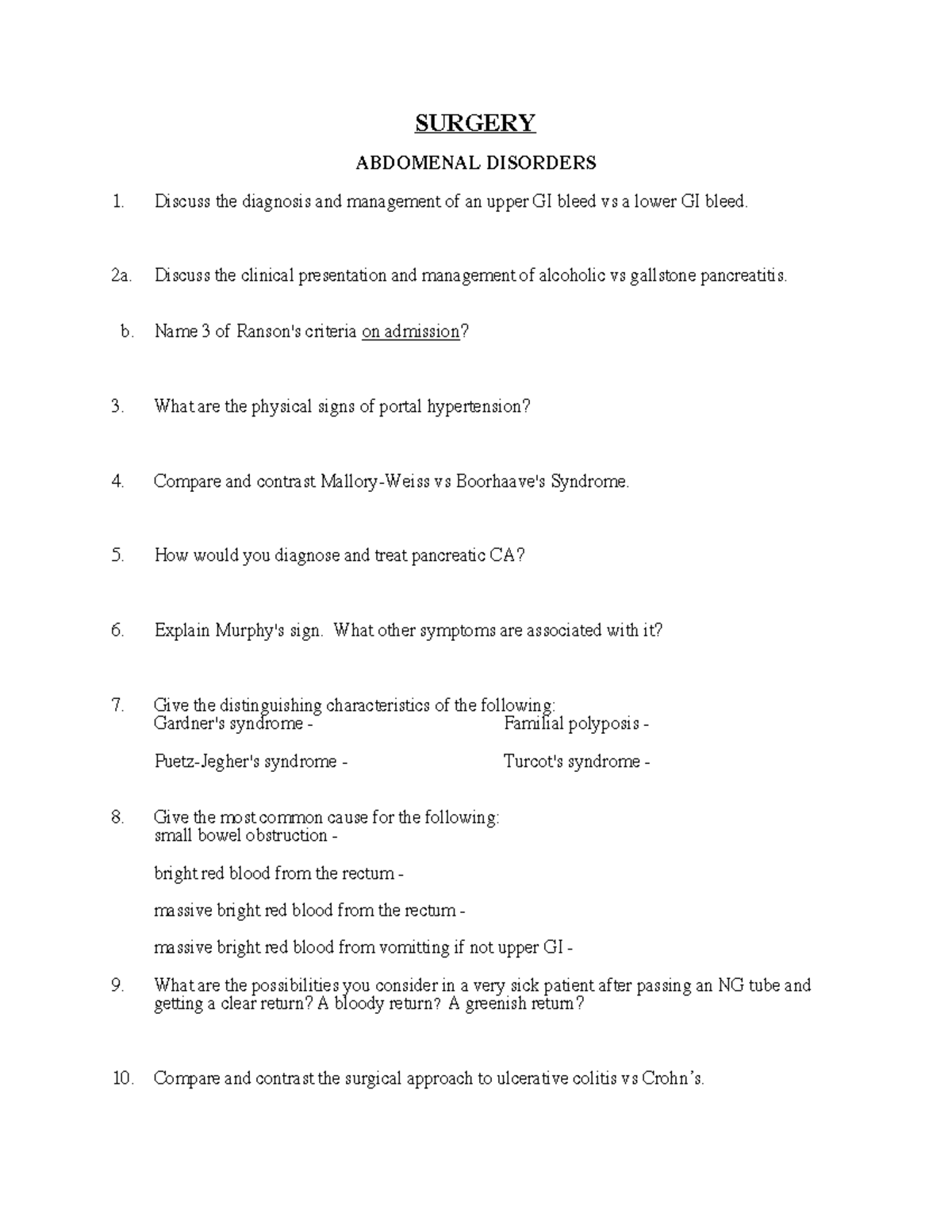 Surgery, Questions Exam book SURGERY ABDOMENAL DISORDERS Discuss