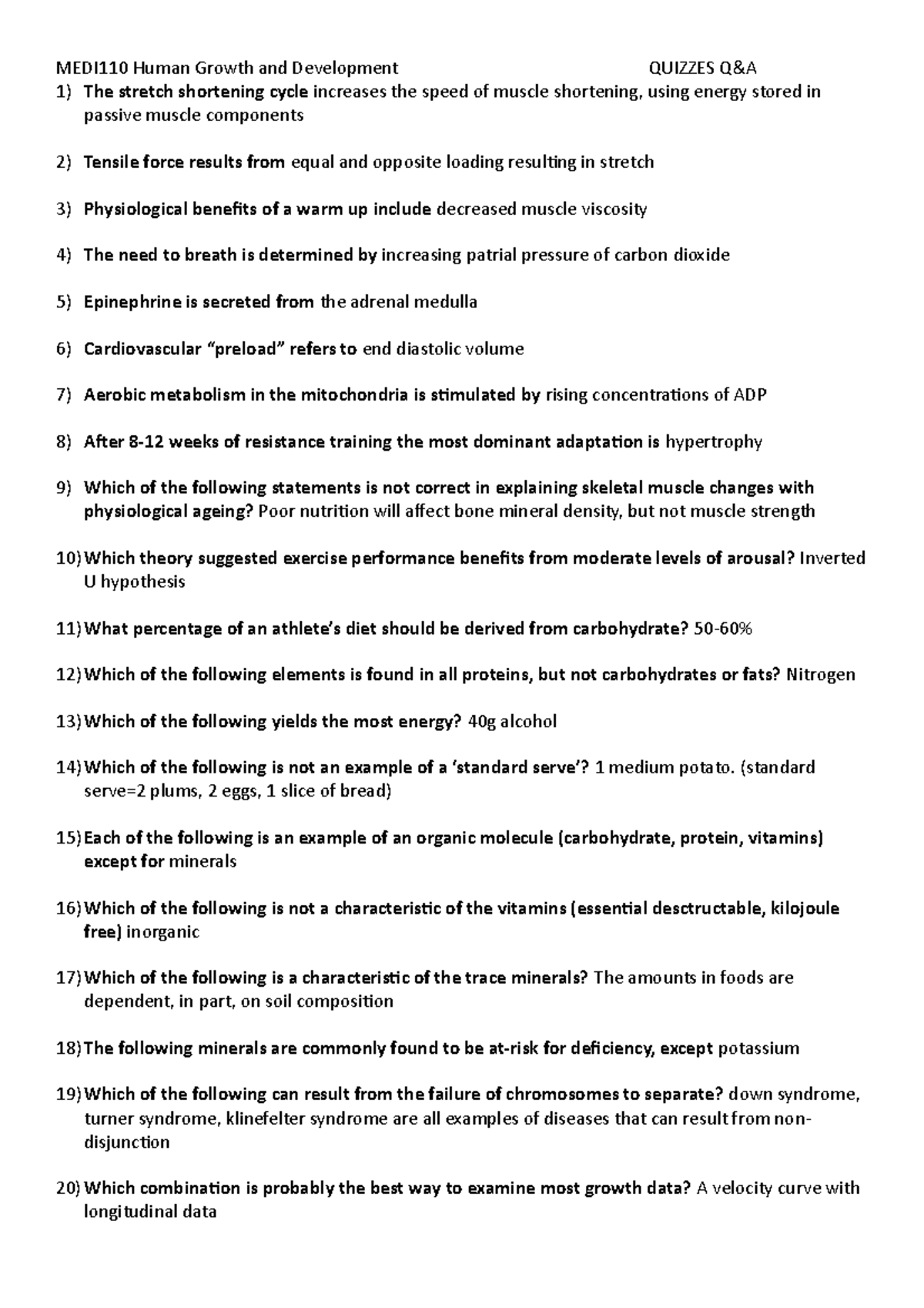 Quiz 1 1 January 2018, Questions And Answers - MEDI110 Human Growth And ...