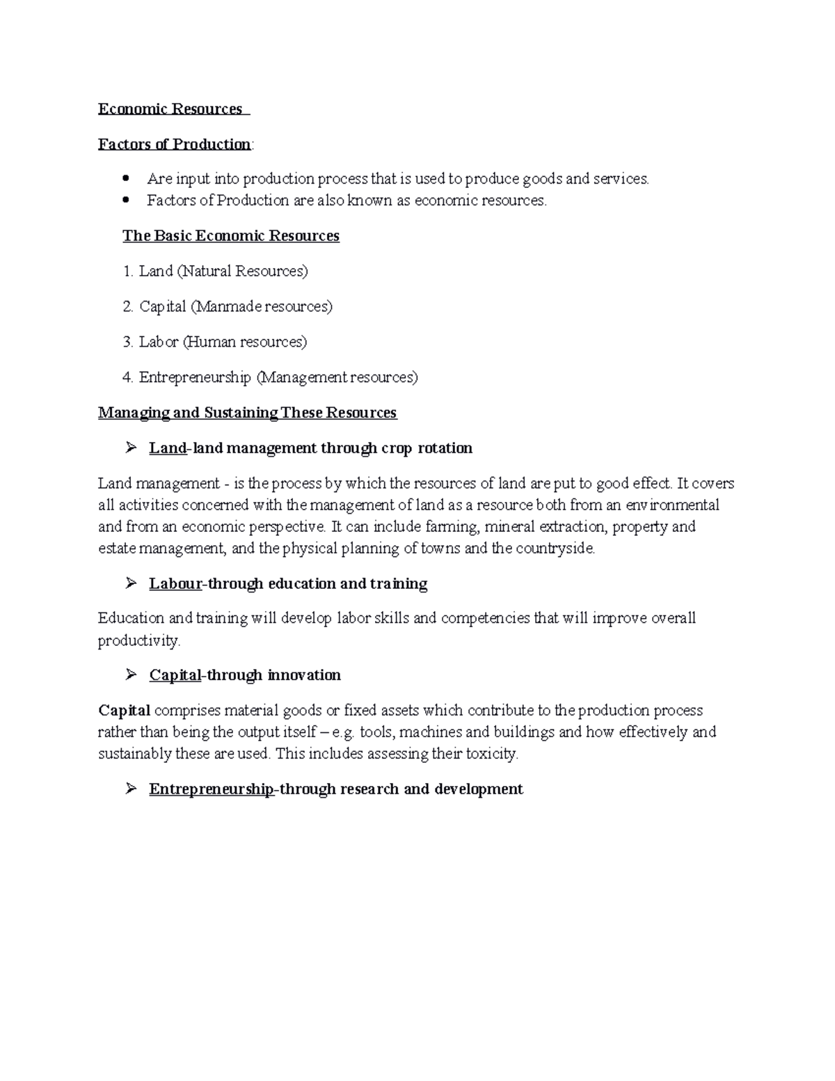 Microeconomics - summary notes - Economic Resources Factors of ...