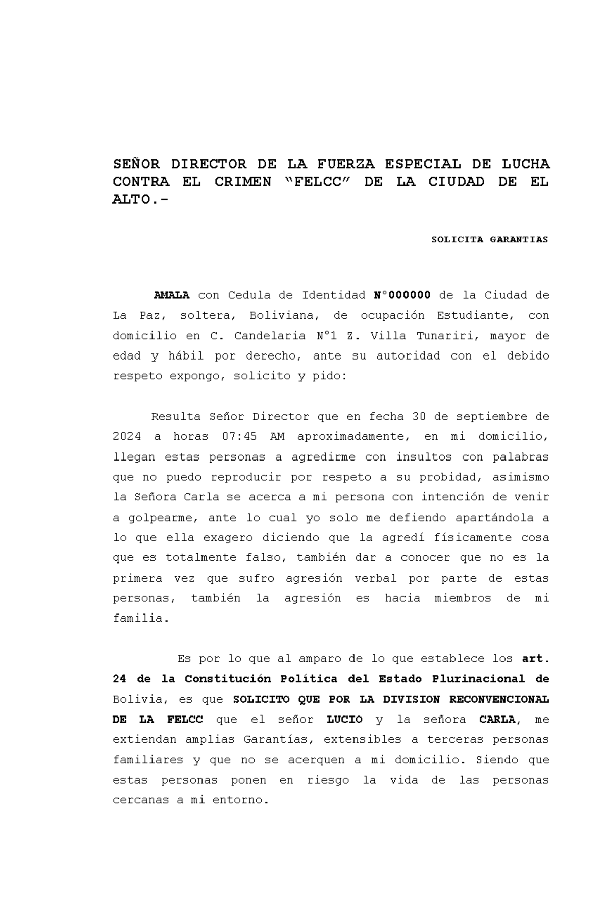 Felcc - garantias - SEÑOR DIRECTOR DE LA FUERZA ESPECIAL DE LUCHA ...