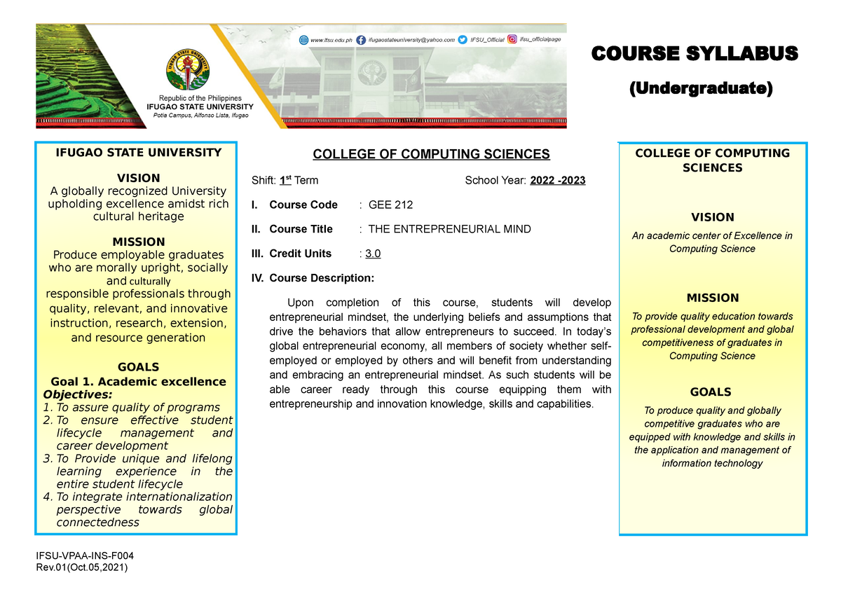 THE Entrepreneurial MIND Syllabus VIII LEARNING ACTIVITY PLAN IFSU 