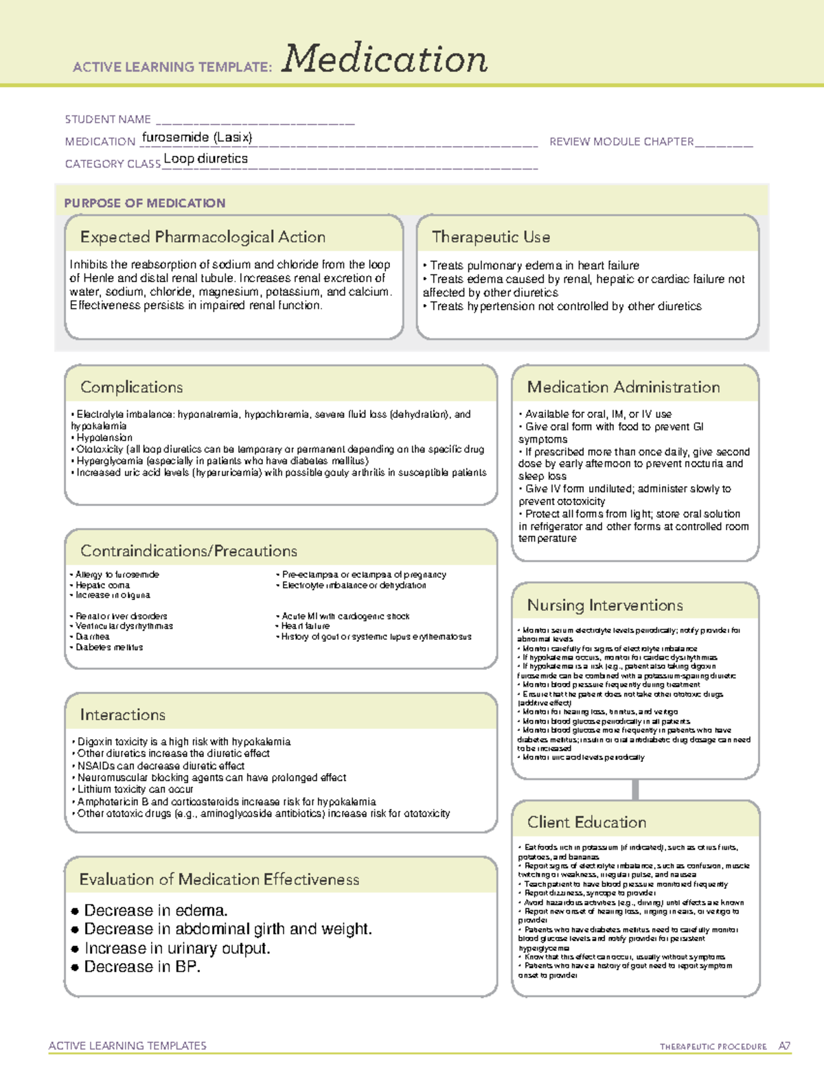 Furosimide (med card) - Furosemide med card - ACTIVE LEARNING TEMPLATES ...