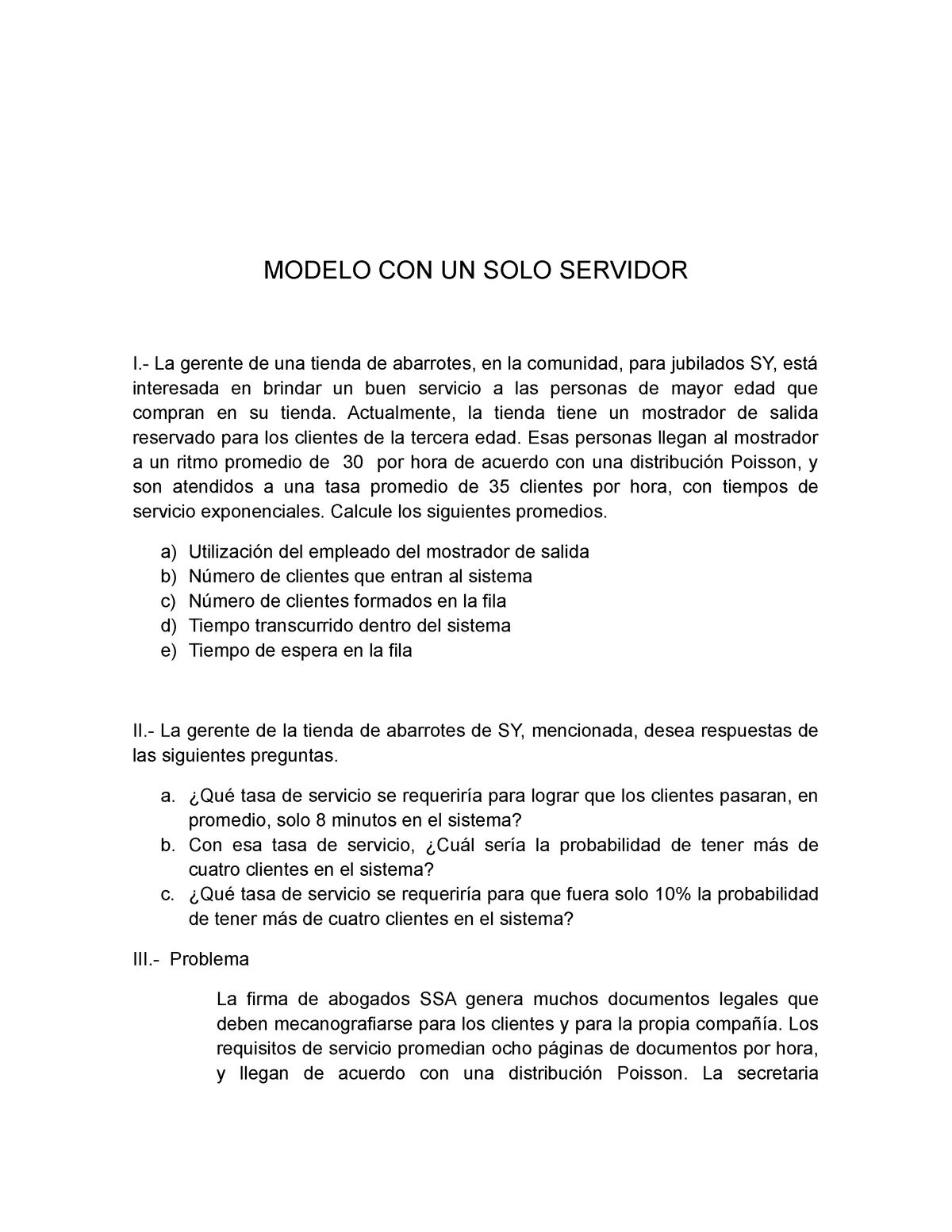 Modelo CON UN SOLO Servidor%2c Problemas - MODELO CON UN SOLO SERVIDOR La  gerente de una tienda de - Studocu