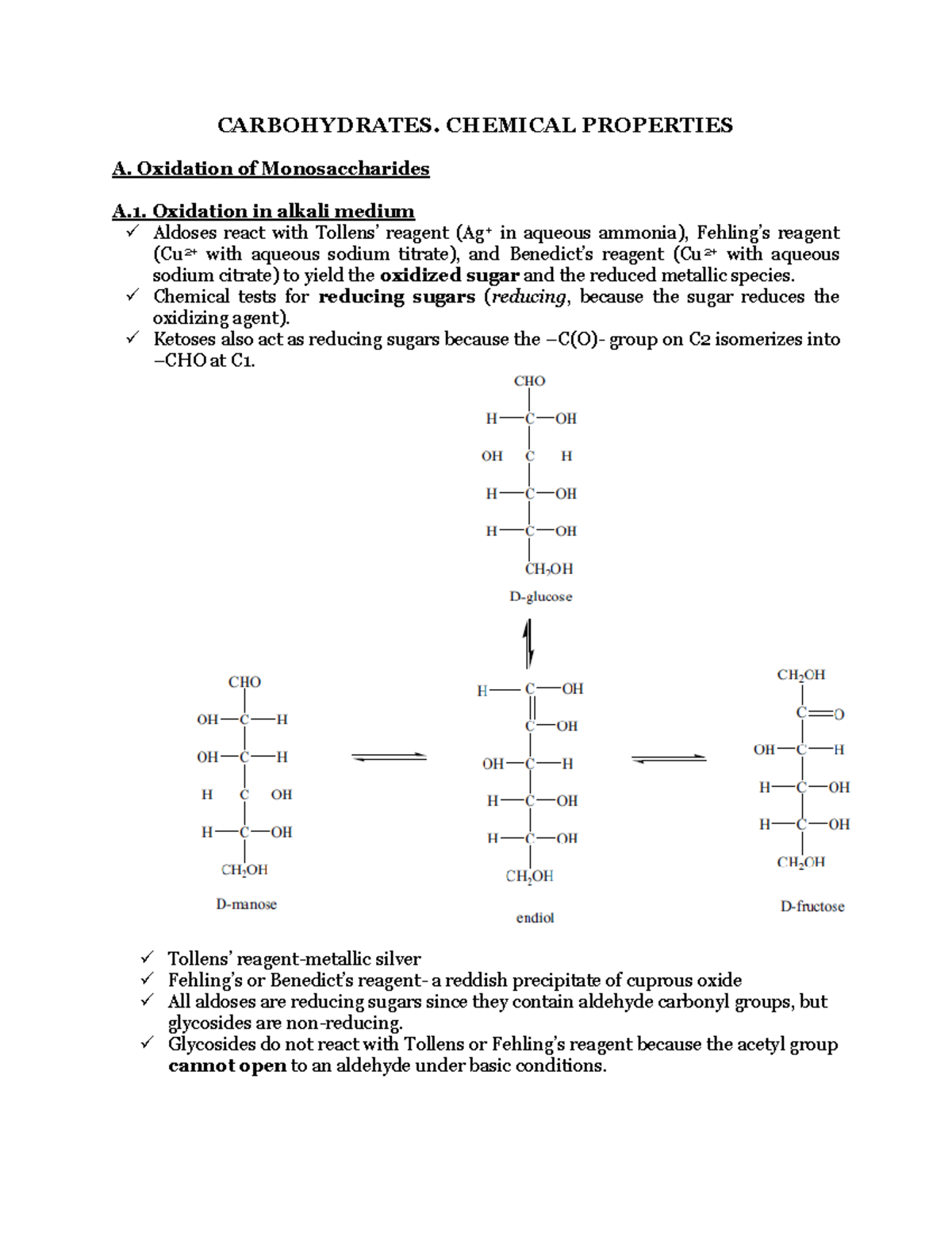 1. Notes Carbohydrates Chem CARBOHYDRATES. CHEMICAL PROPERTIES A