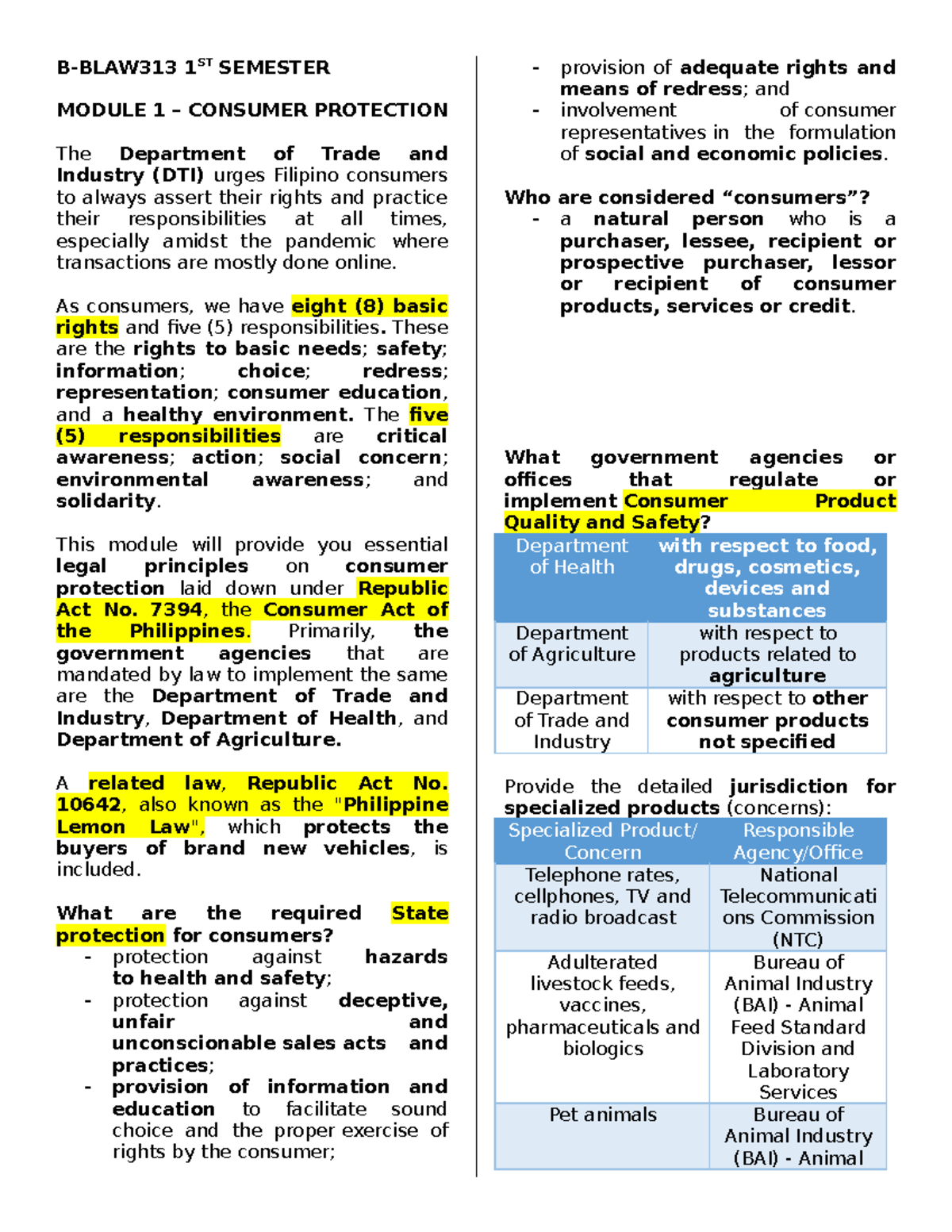 LAW Reviewer - B-BLAW313 1ST SEMESTER MODULE 1 – CONSUMER PROTECTION ...