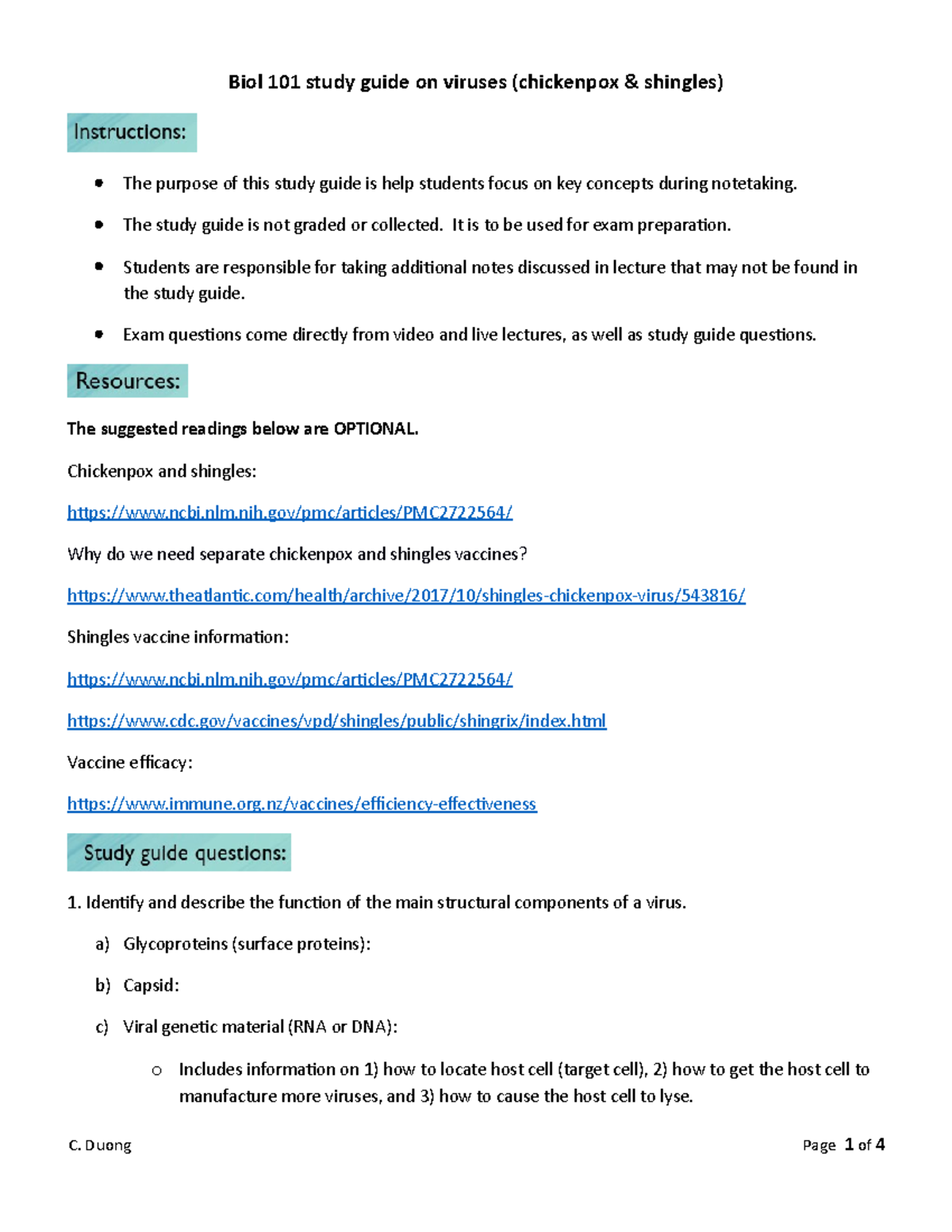 1- Viruses study guide F22 - Biol 101 study guide on viruses ...