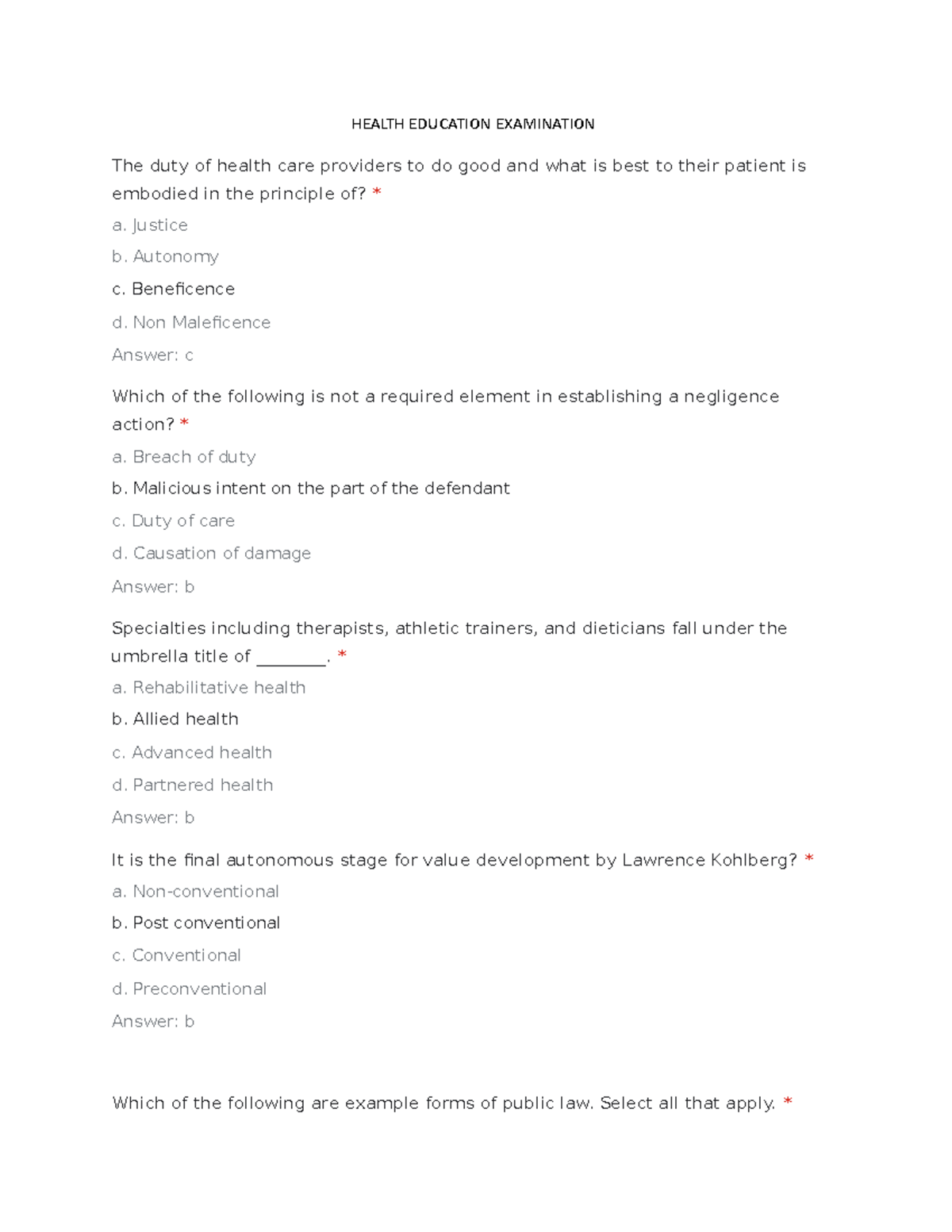 Health Education Practice Questions HEALTH EDUCATION EXAMINATION The