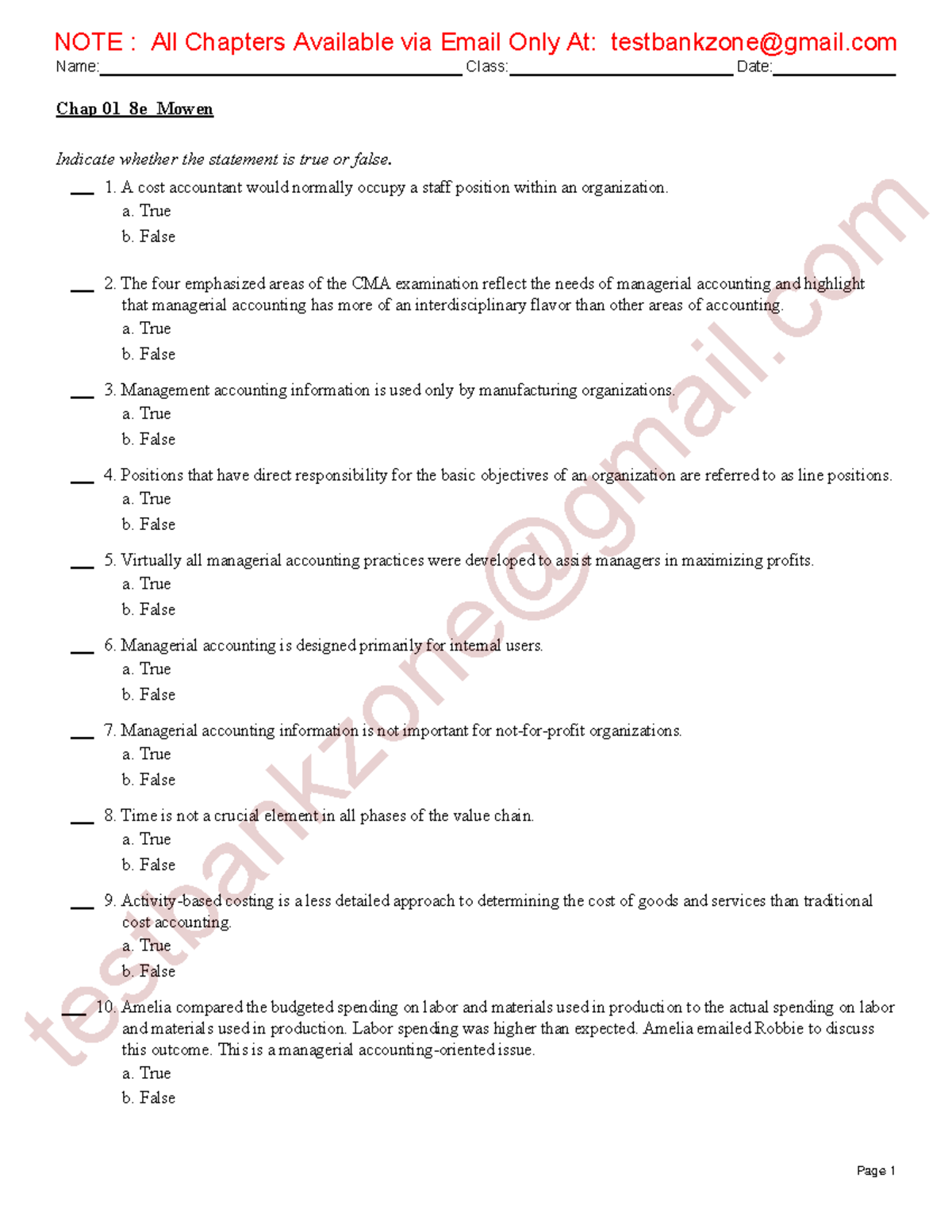 Test Bank and Solutions For Managerial Accounting, The Cornerstone of ...