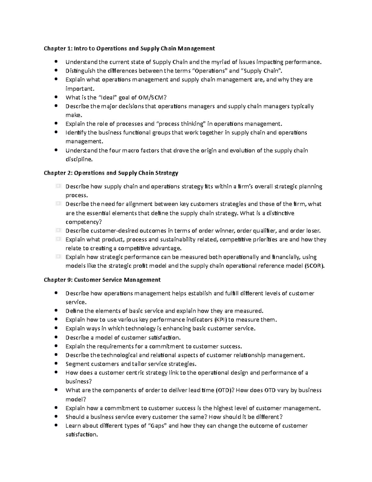 Exam 1 Objective Checklist Chapter 1 Intro to Operations and