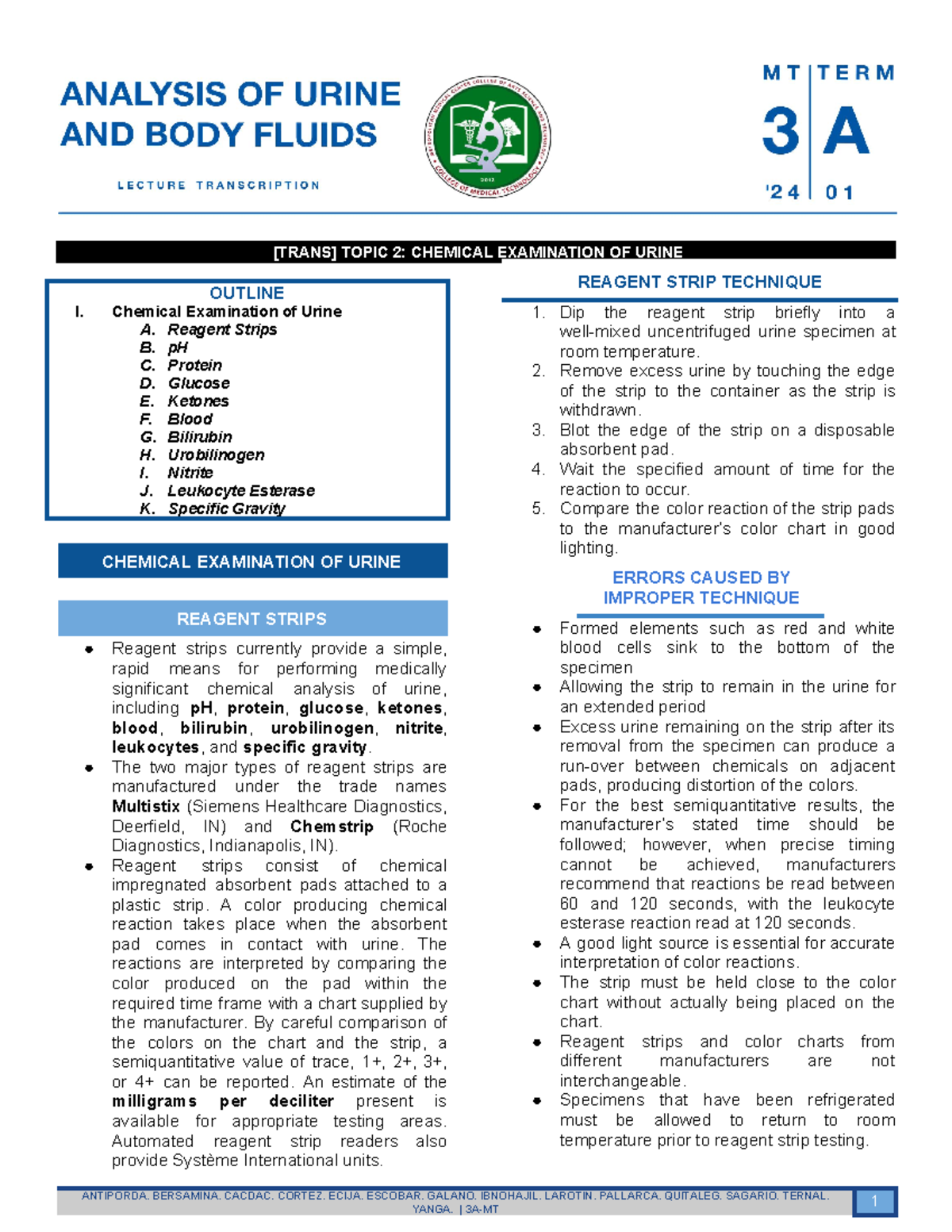 AUBF Lab Topic 2 Chemical Examination of Urine [TRANS] TOPIC 2