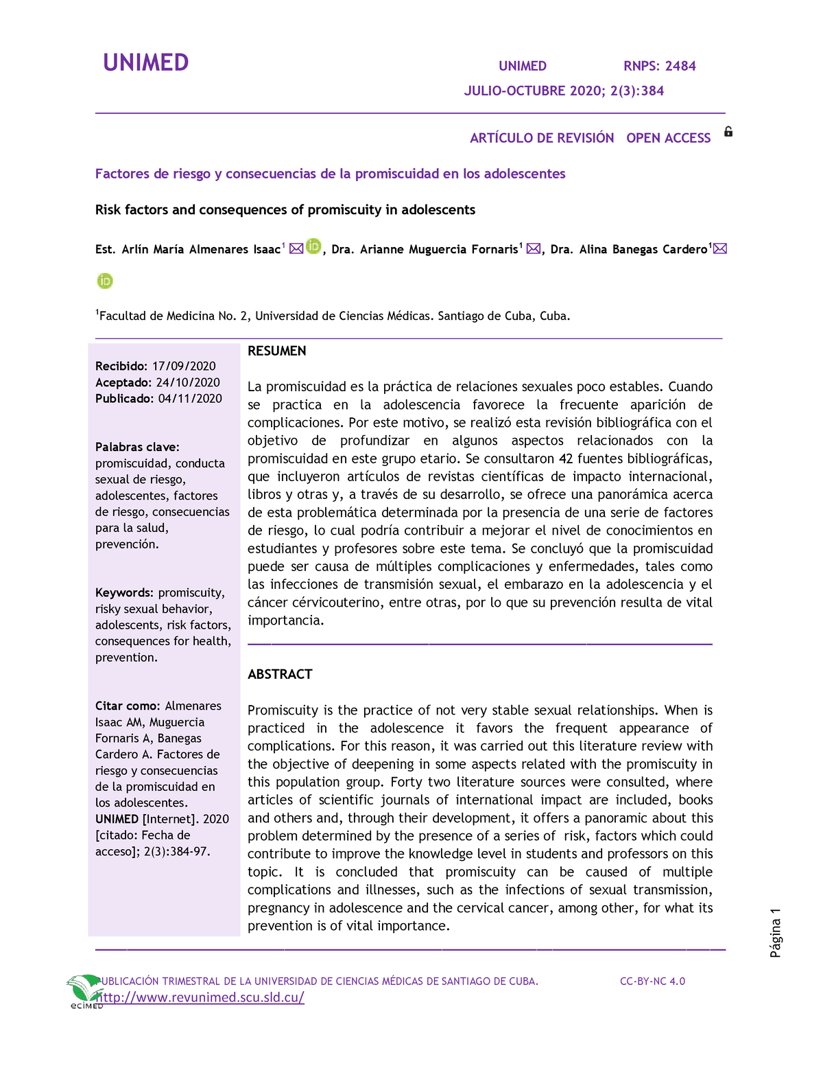 Articulo TRES - JULIO-OCTUBRE 2020; 2(3): 384 PUBLICACI”N TRIMESTRAL DE ...