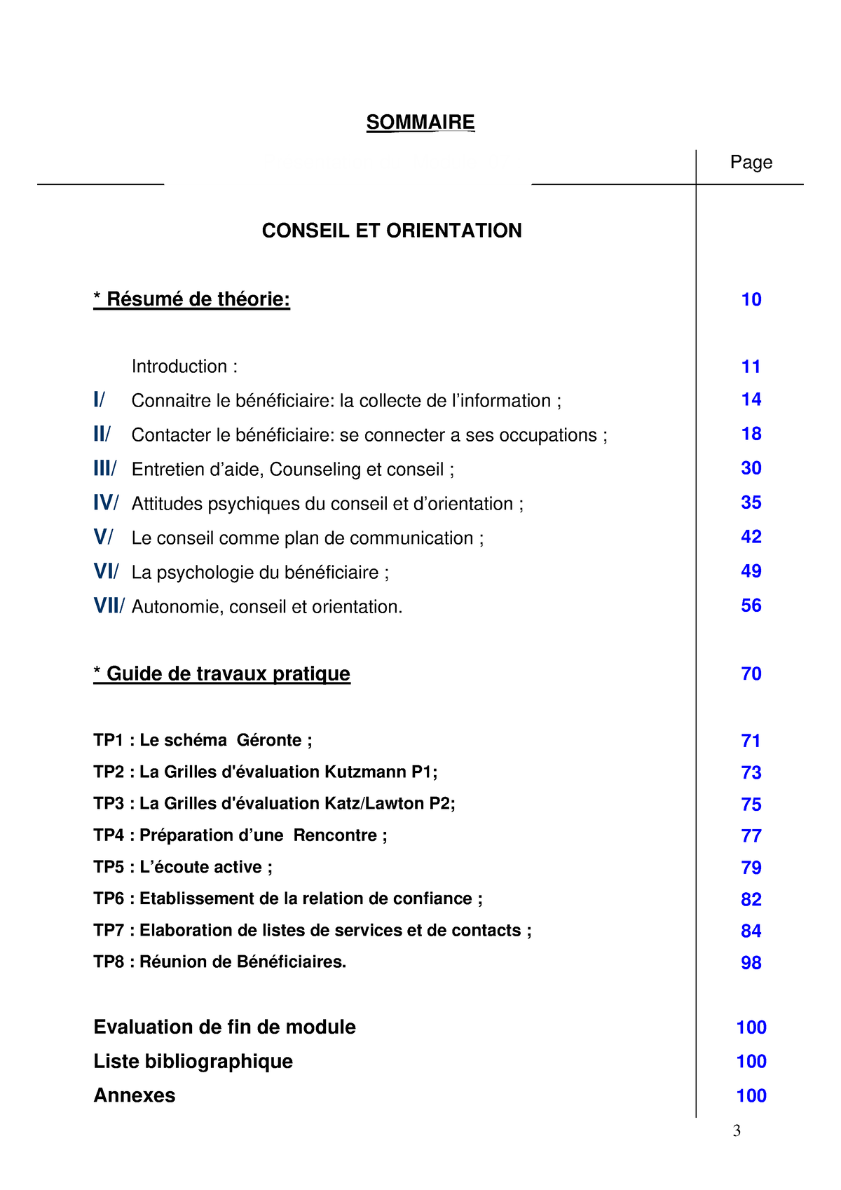 Conseil Et Orientation-3-17 - SOMMAIRE Présentation Du Module 07 : Page ...