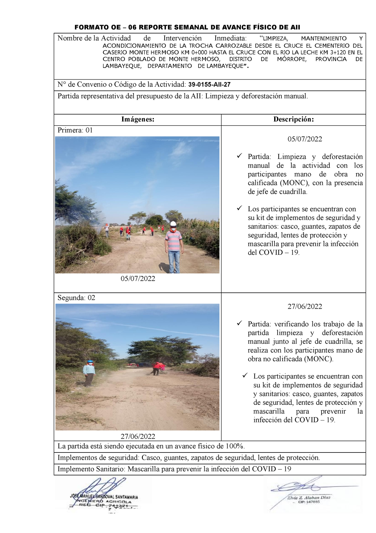 Formato Oe 06 Tercera Semana Formato Oe 06 Reporte Semanal De Avance FÍsico De Aii Nombre De 1595