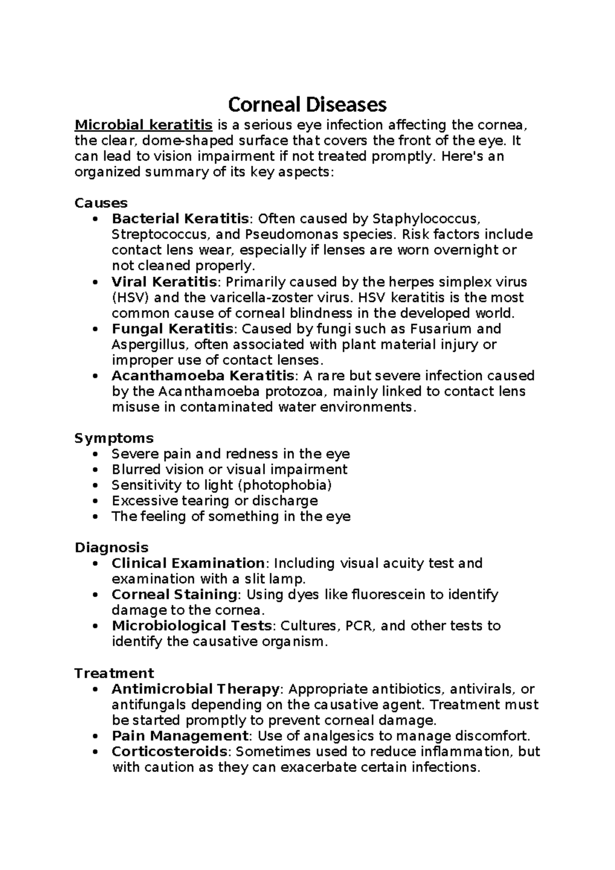 Diseases of the eye - Final Notes - Corneal Diseases Microbial ...