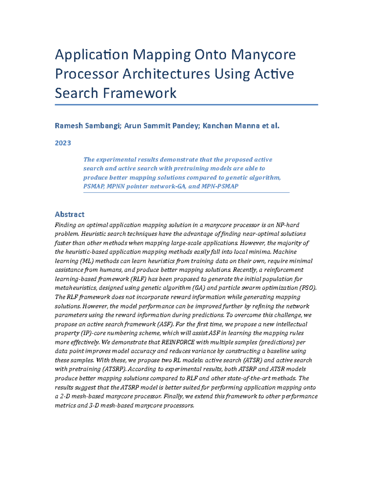 Application Mapping Onto Manycore Processor Architectures Using Active ...