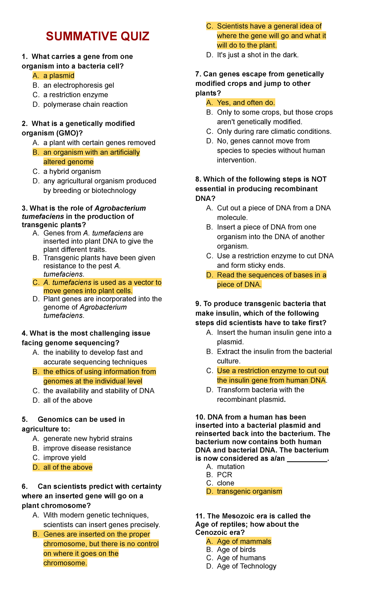 Genbio-Q1- Answers - the lss you know - SUMMATIVE QUIZ What carries a ...