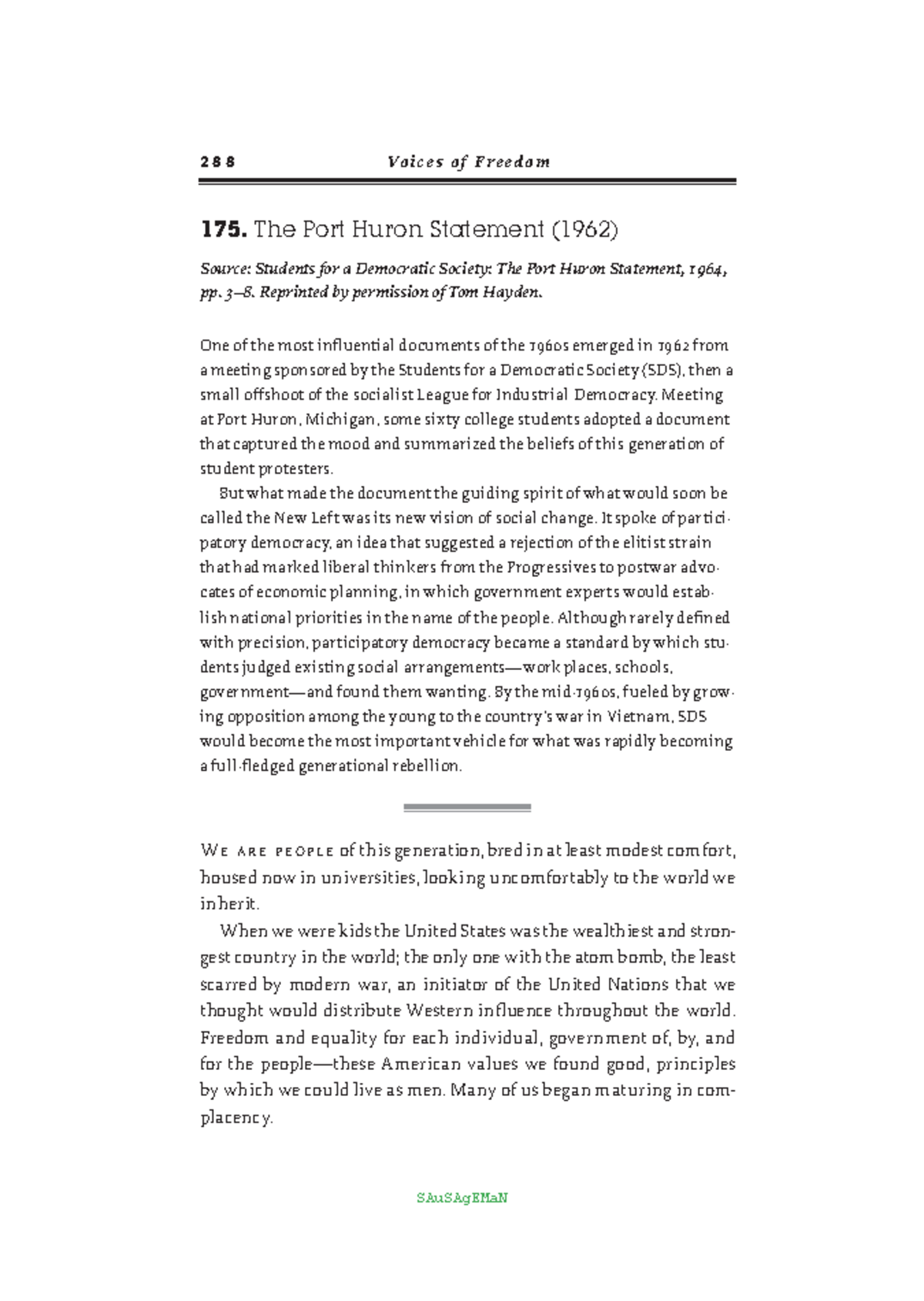The Port Huron Statement 2 8 8 Vo i c e s o f F r e e d o m 175. The Port Huron Statement