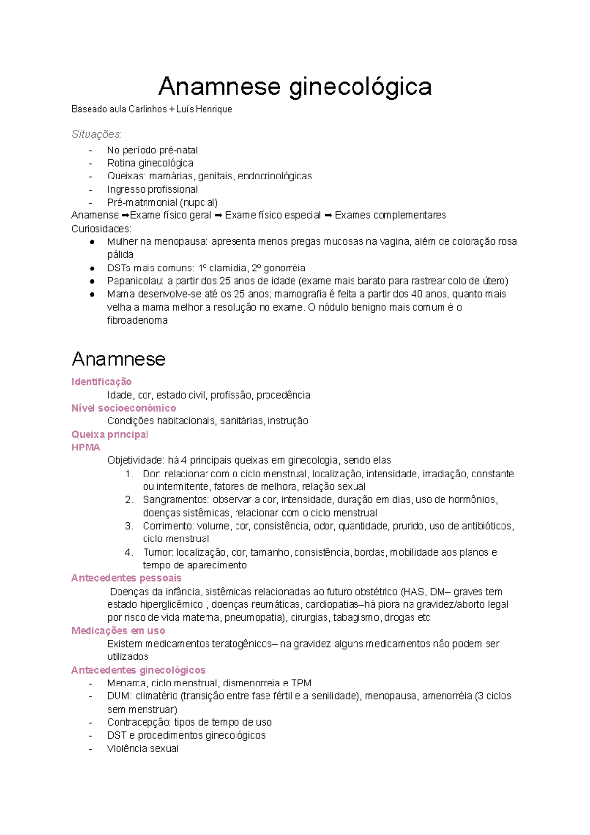 Anamnese Ginecológica Anamnese Baseado Aula Carlinhos Henrique No Rotina Queixas Genitais 4986